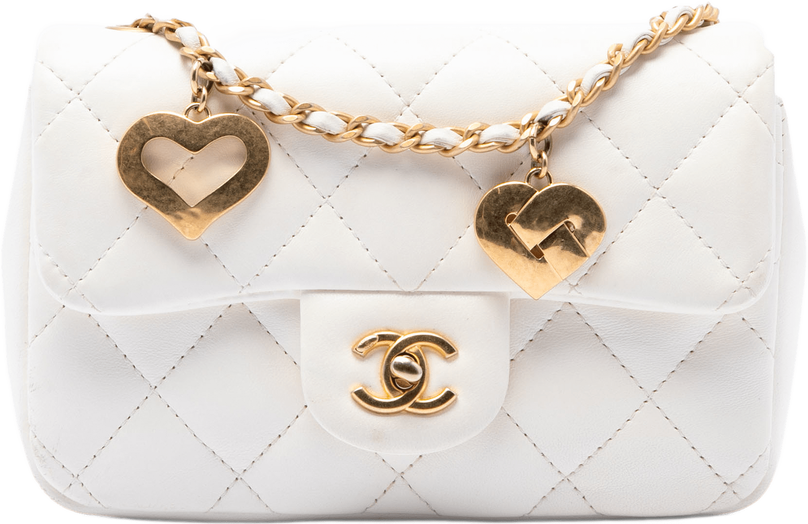 Chanel Mini Rectangular Quilted Lambskin Heart Charms Flap, från Luxclusif, i färgen vit.