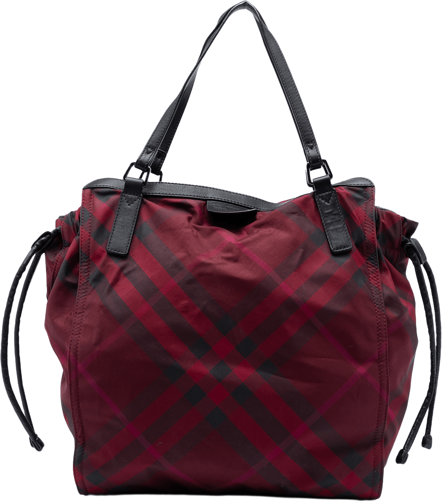 Burberry Supernova Check Nylon Buckleigh Tote, från Luxclusif, i färgen burgundy.