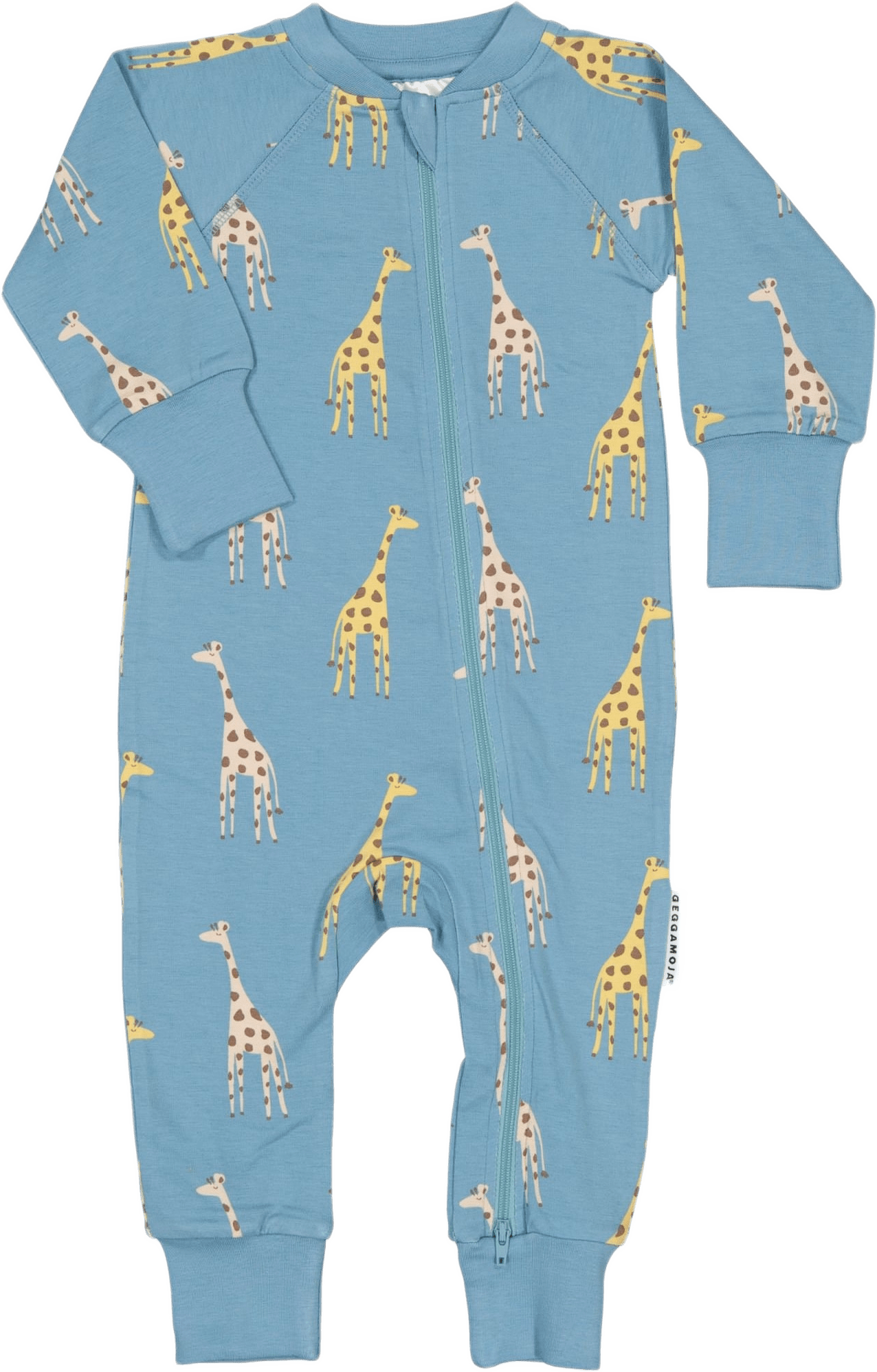 Heldräktspyjamas Bambu, från Geggamoja, i färgen blue giraffe.