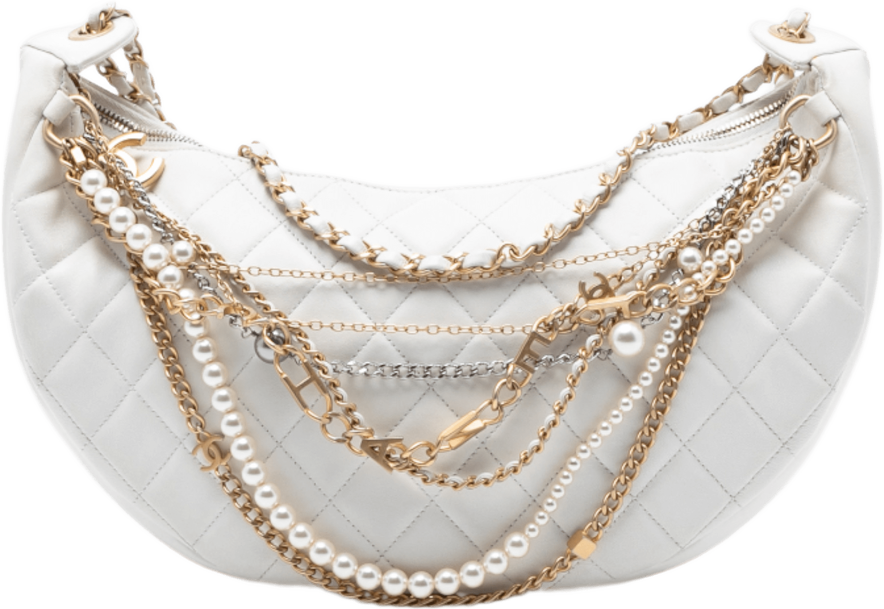 Chanel Quilted Lambskin All About Chains Hobo, från Luxclusif, i färgen vit.