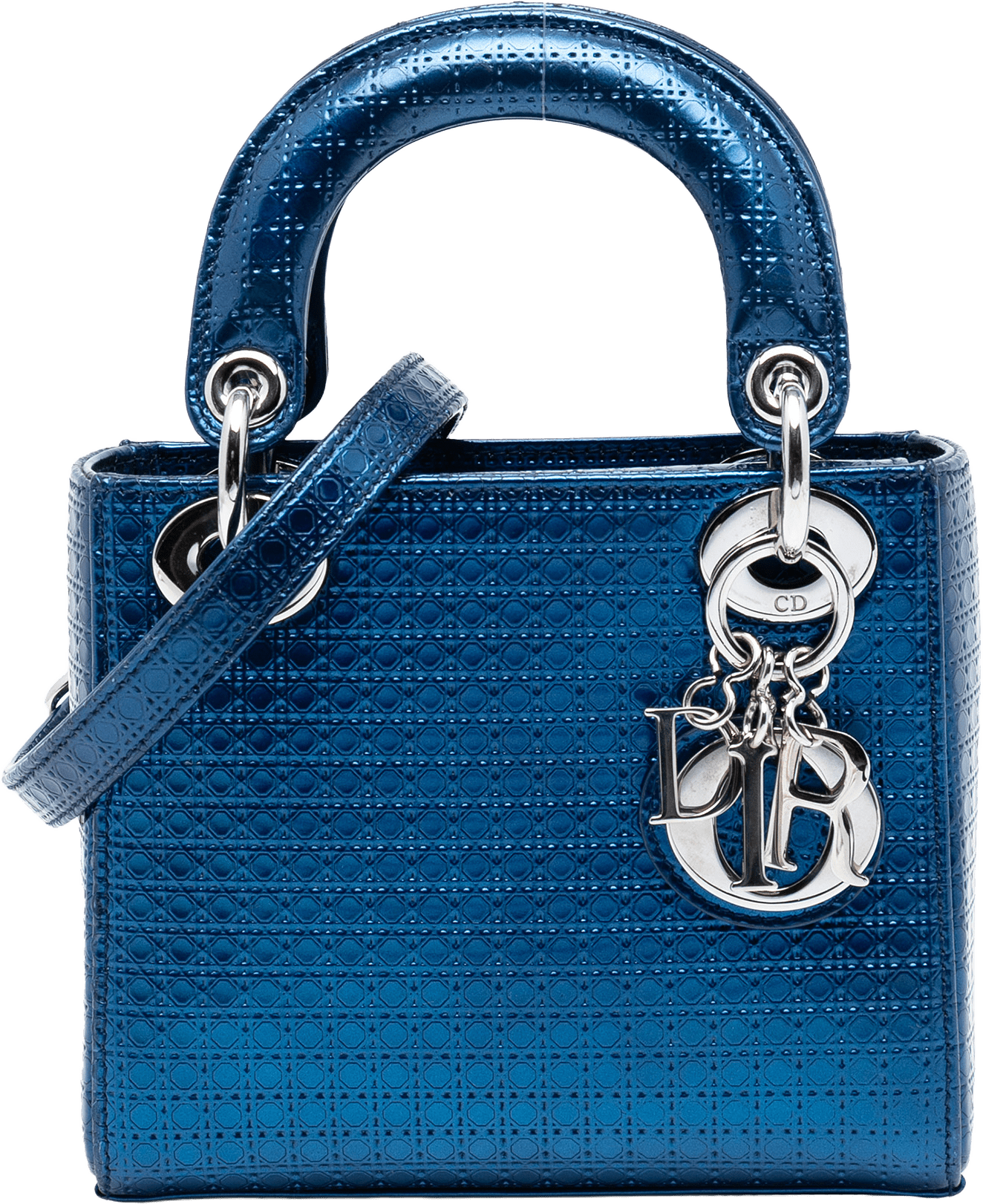 Dior Mini Metallic Patent Microcannage Lady Dior, från Luxclusif, i färgen blue.