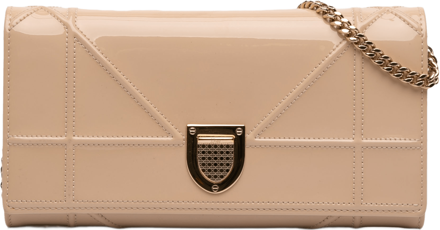 Dior Patent Diorama Wallet On Chain, från Luxclusif, i färgen beige.