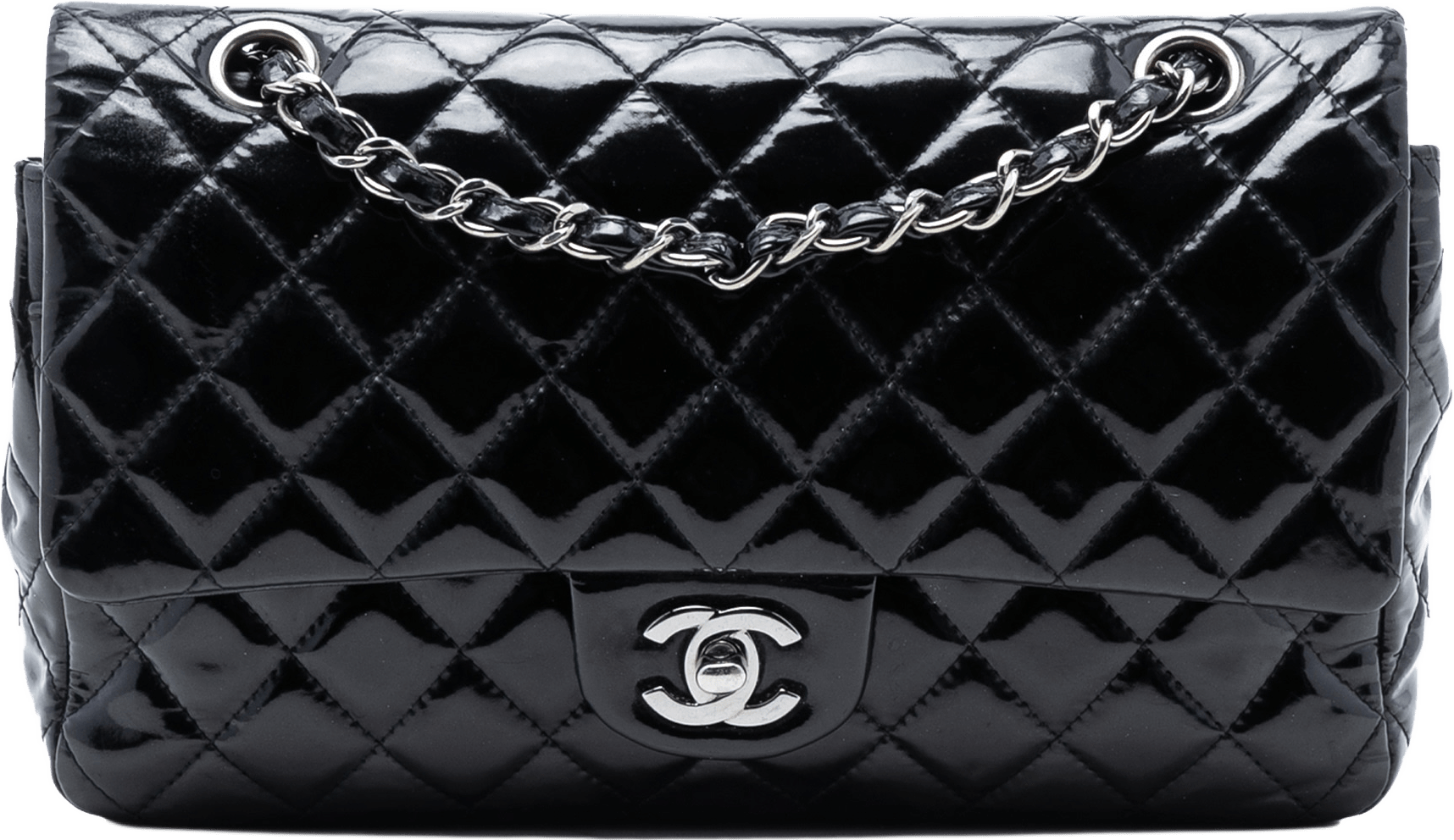 Chanel Medium Classic Patent Double Flap, från Luxclusif, i färgen black.