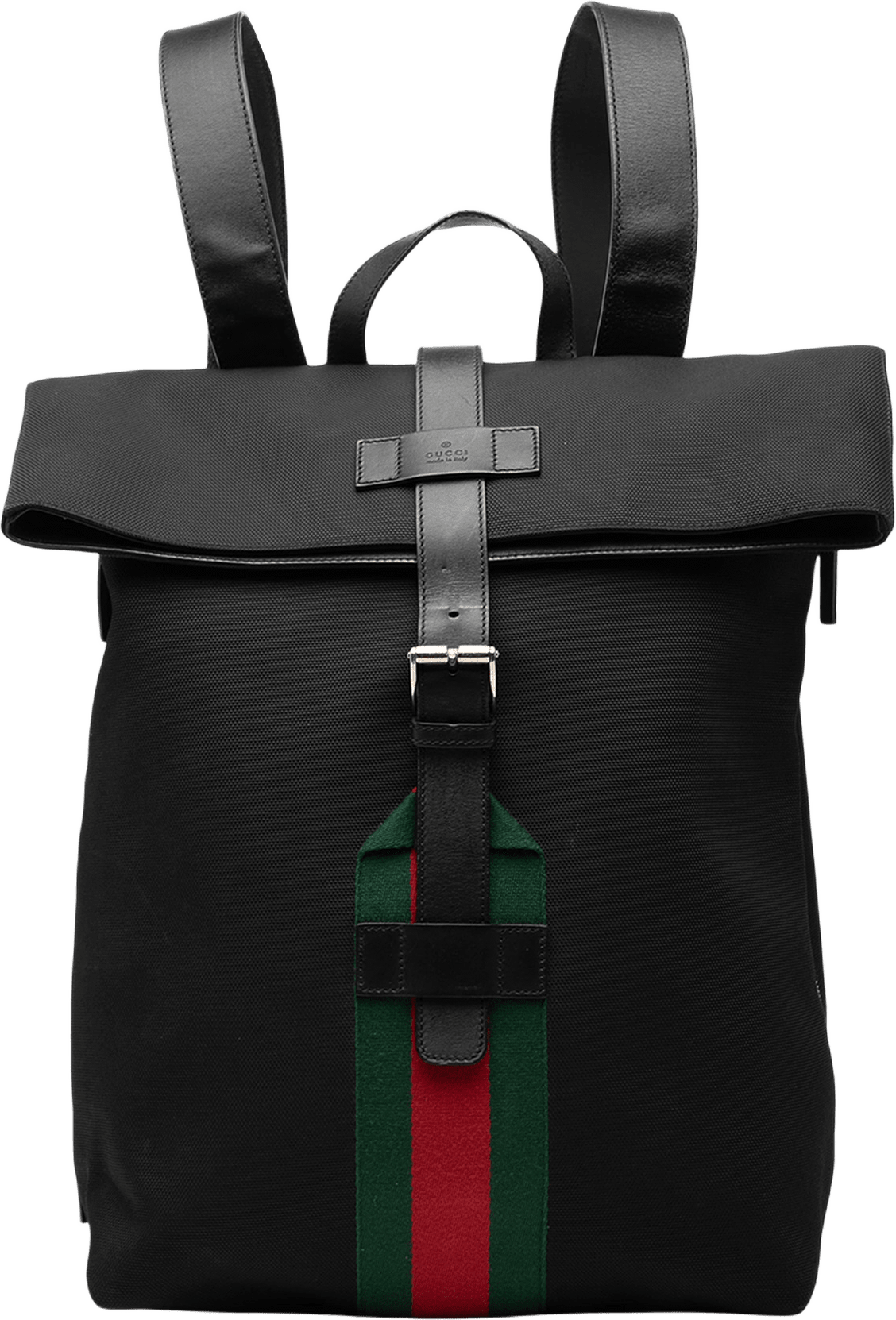 Gucci Canvas Techno Web Fold Over Backpack, från Luxclusif, i färgen black.