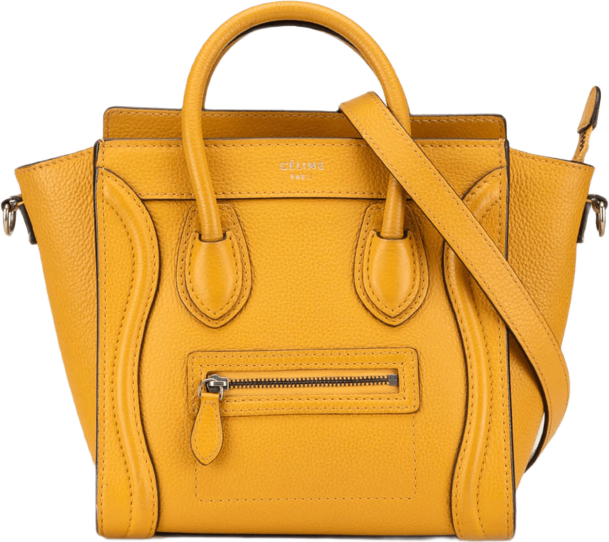 Celine Nano Leather Luggage Tote, från Luxclusif, i färgen mustard.