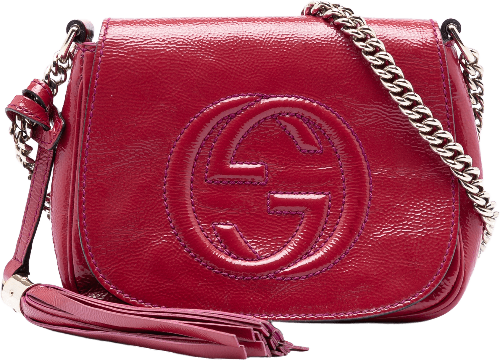Gucci Small Patent Soho Chain Flap Crossbody, från Luxclusif, i färgen strawberry.