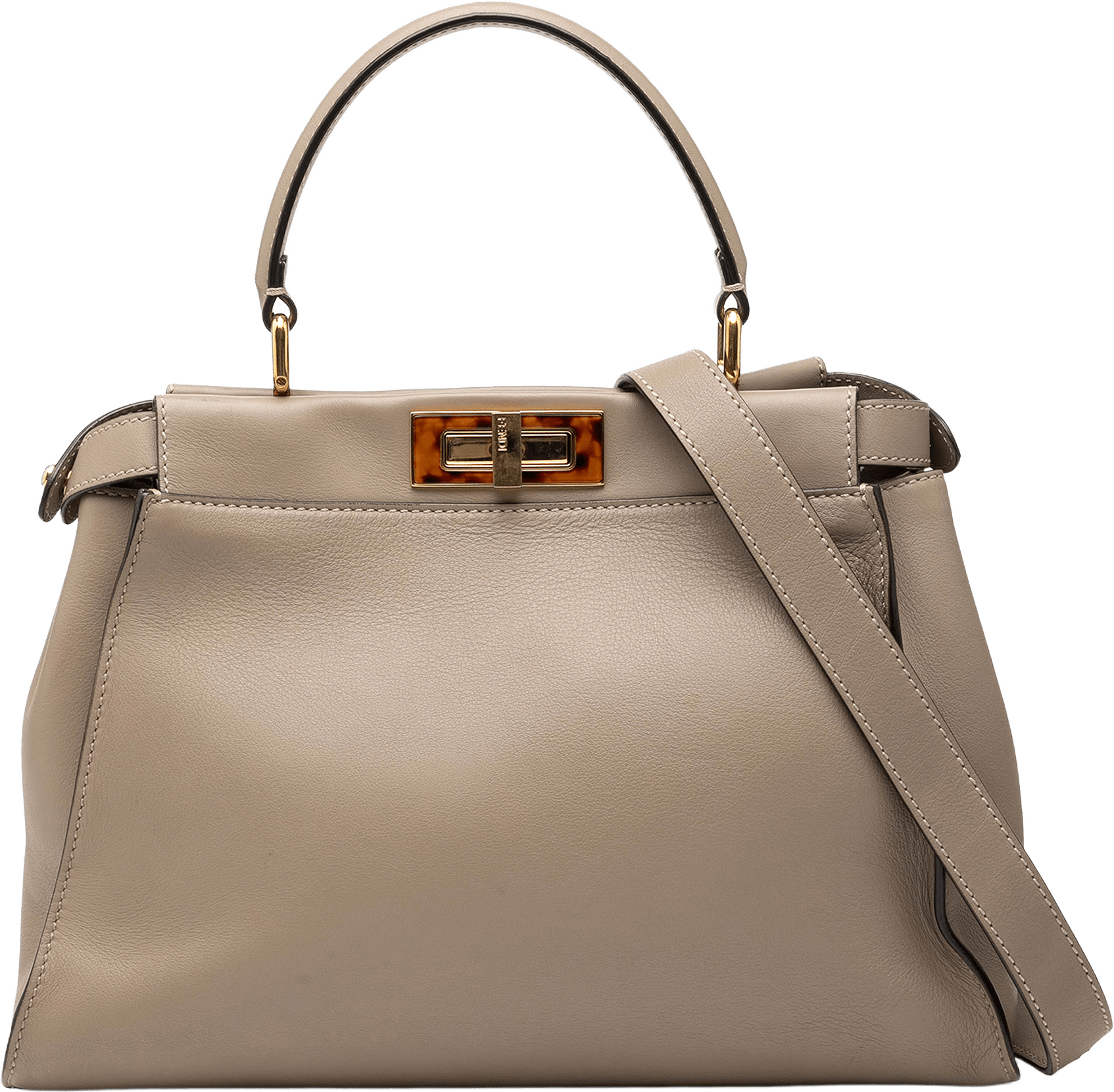Fendi Medium Leather Selleria Peekaboo Iconic Satchel, från Luxclusif, i färgen taupe.