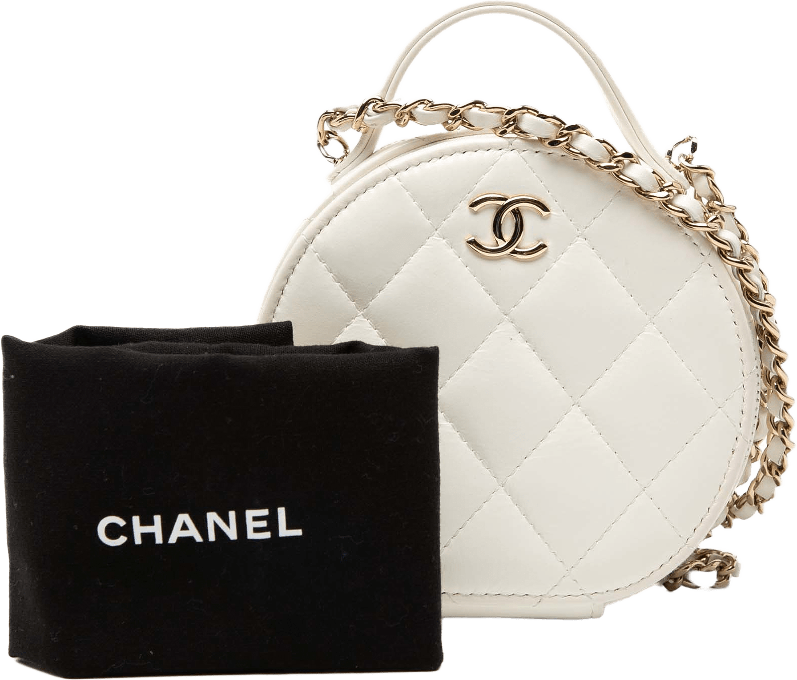 Chanel Quilted Lambskin Handle With Care Round Vanity Case With Chain, från Luxclusif, i färgen ivory.