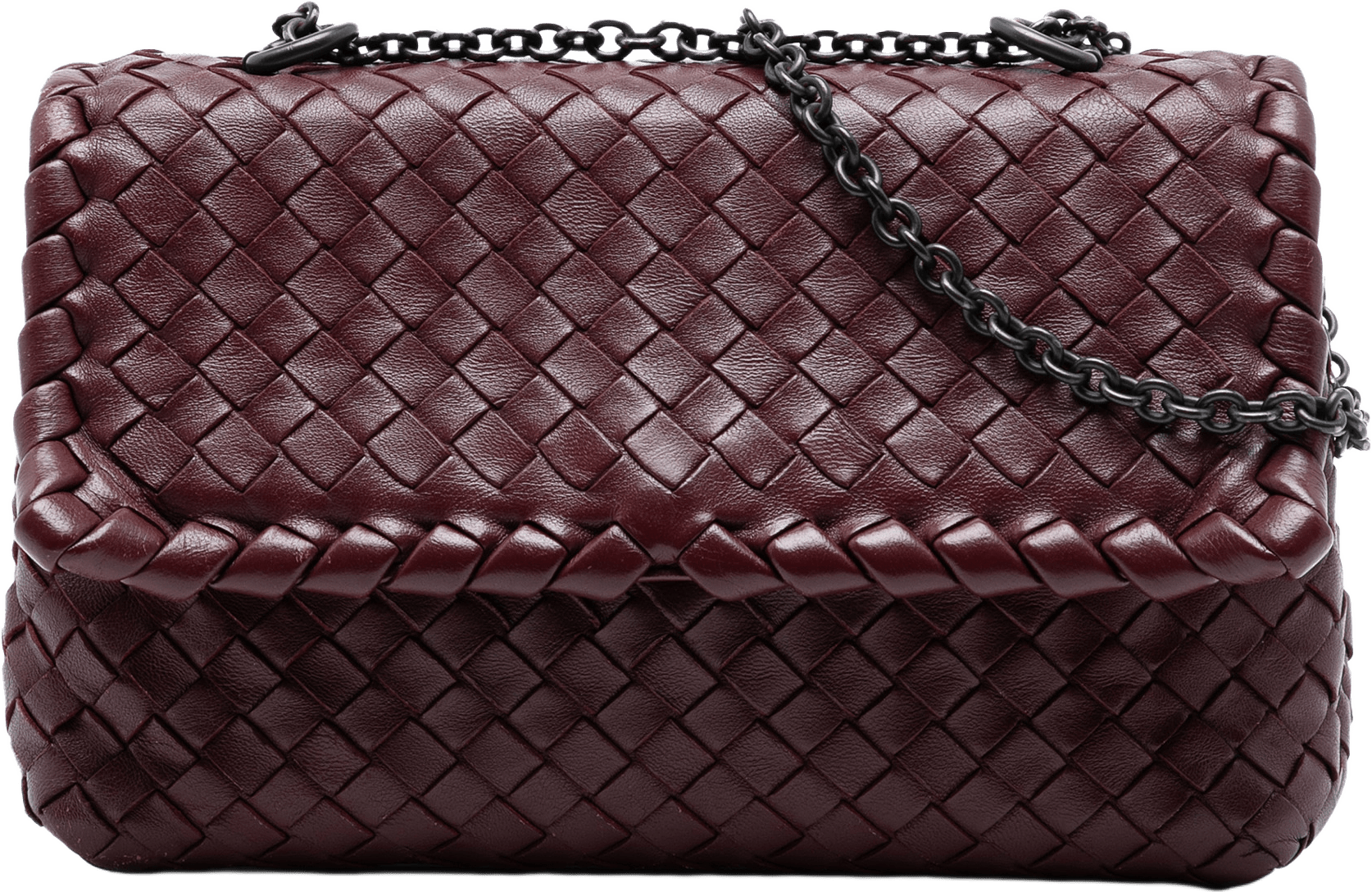 Bottega Veneta Baby Nappa Intrecciato Olimpia Crossbody, från Luxclusif, i färgen bordeaux.
