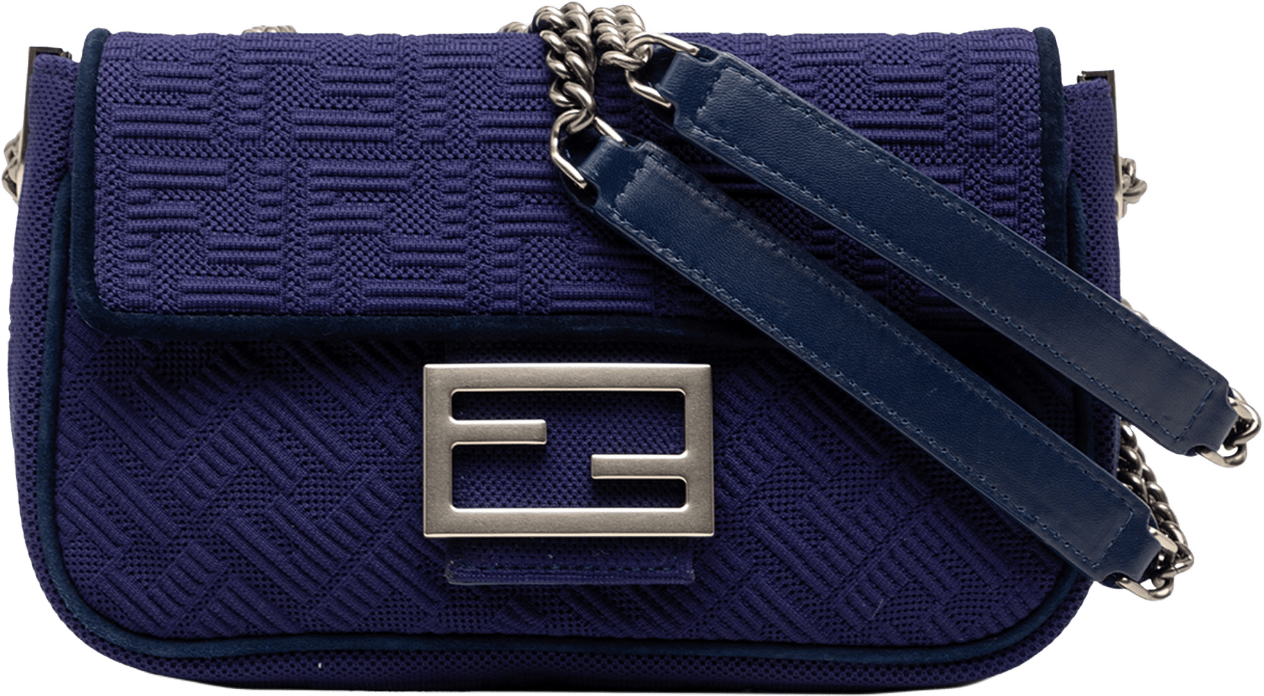 Fendi Zucca Embossed Technical Fabric Chain Midi Baguette, från Luxclusif, i färgen dark blue.
