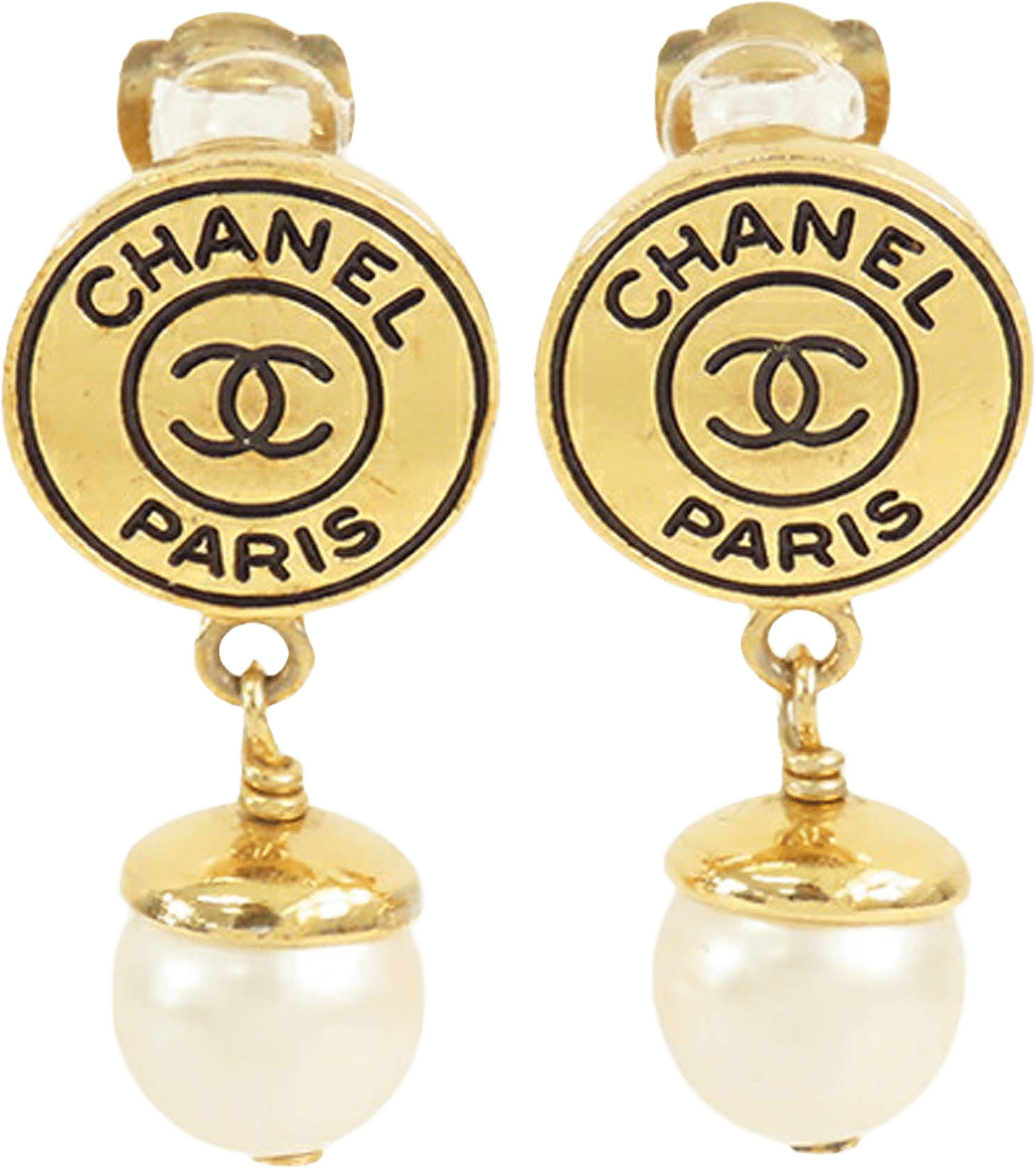 Chanel Gold Plated Faux Pearl Logo Clip On Drop Earrings