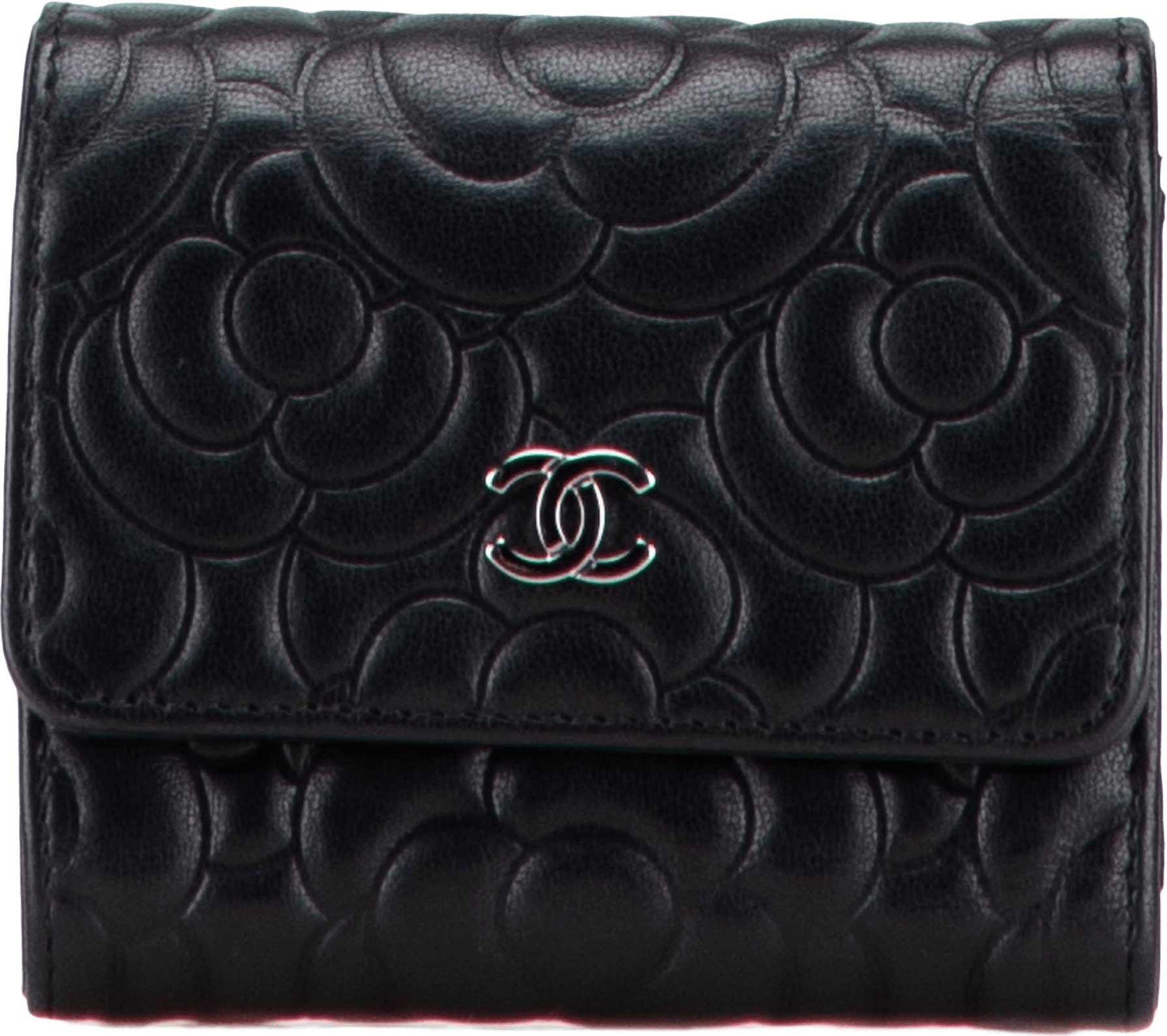 Chanel Cc Embossed Goatskin Camellia Trifold Compact Wallet, från Luxclusif, i färgen black.