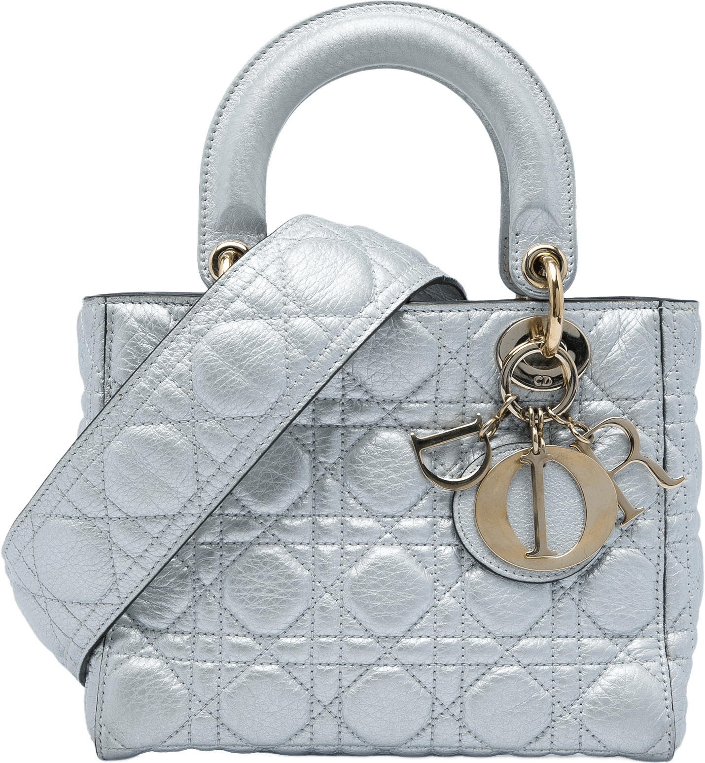Dior Small Metallic Grained Calfskin Cannage Supple Lady Dior, från Luxclusif, i färgen silver.