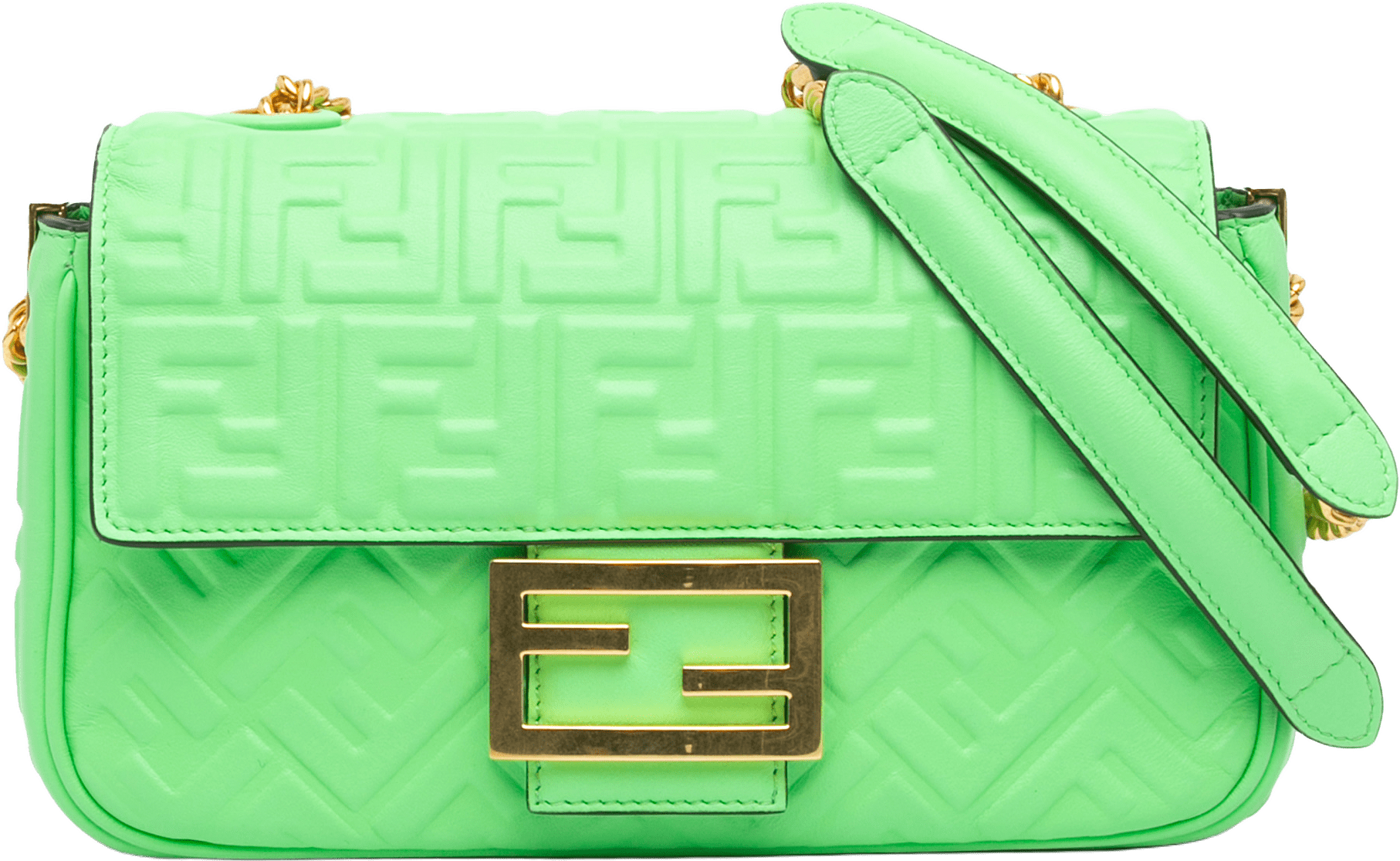 Fendi Zucca Embossed Leather Chain Midi Baguette, från Luxclusif, i färgen light green.