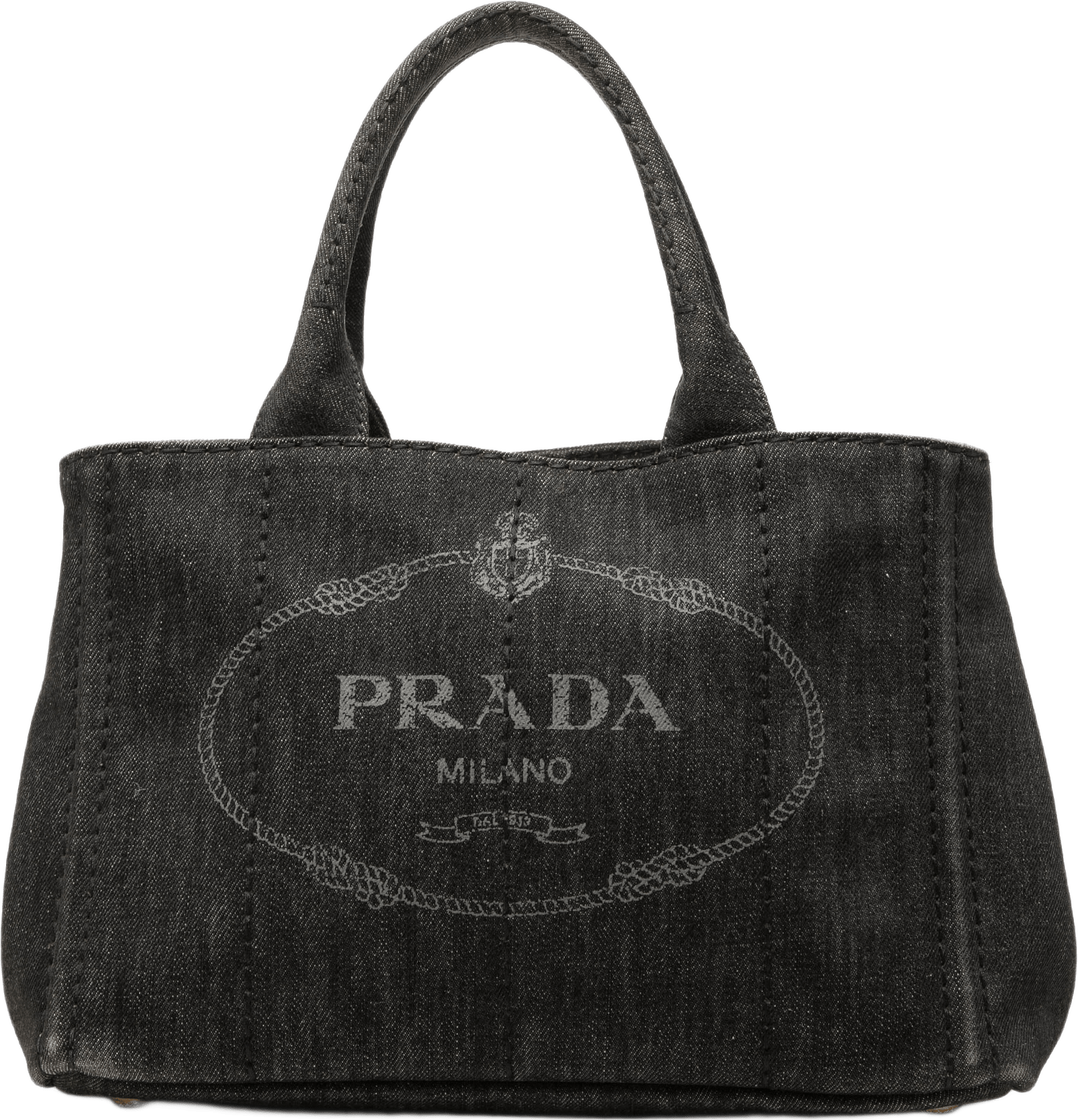 Prada Small Denim Canapa Logo Tote, från Luxclusif, i färgen grå.