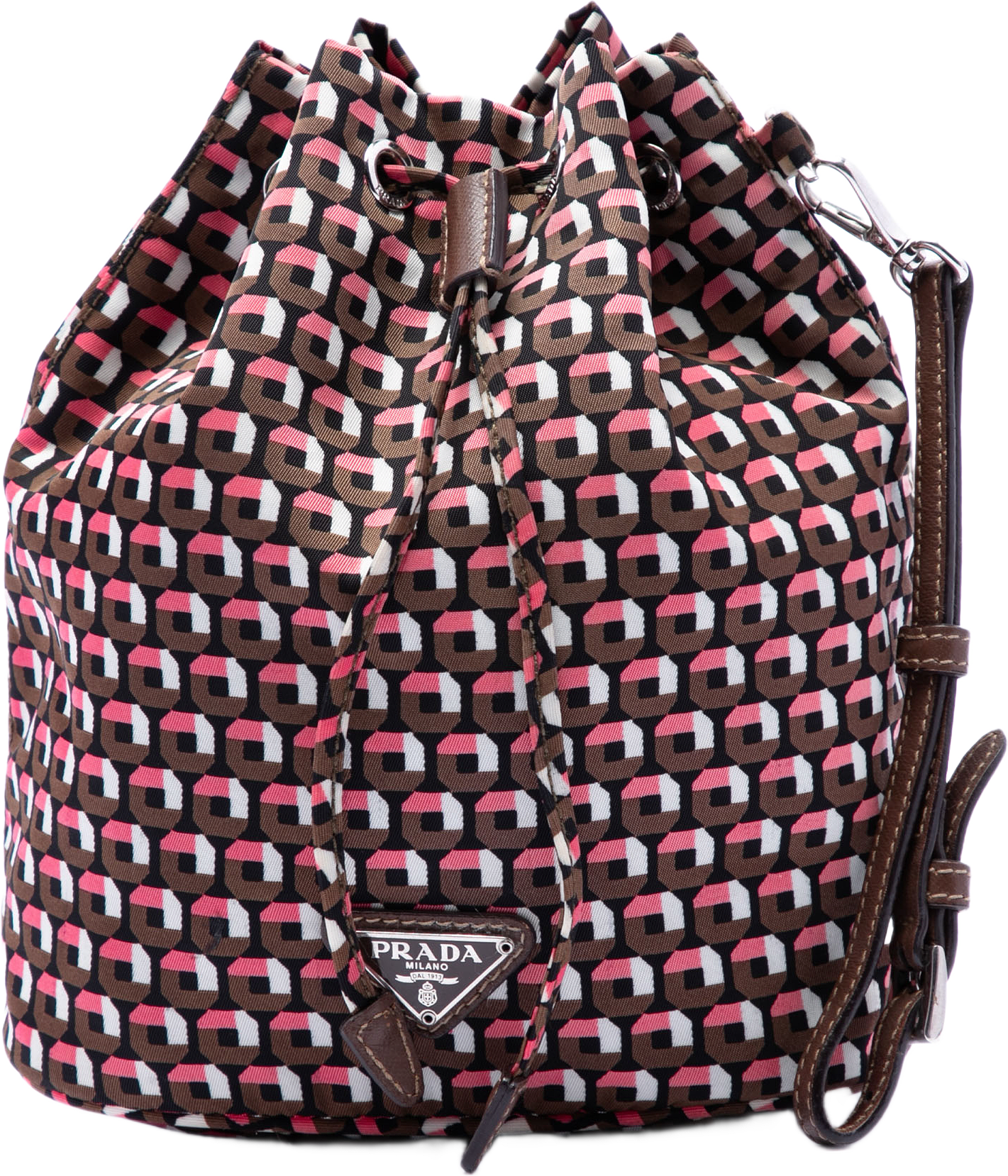 Prada Tessuto Geometric Print Drawstring Pouch, från Luxclusif, i färgen brown.