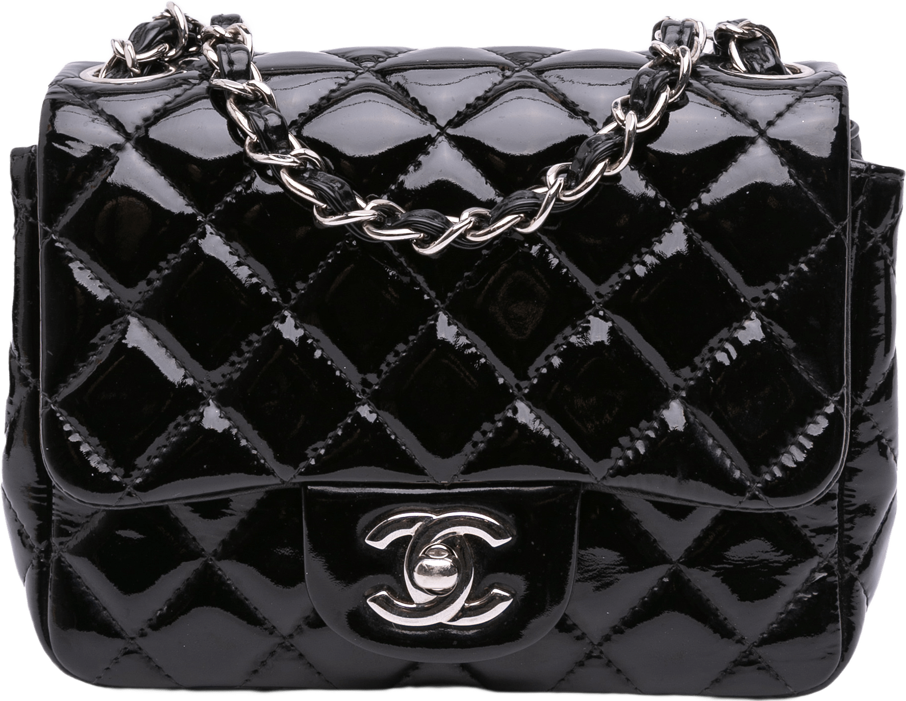 Chanel Mini Square Classic Patent Single Flap, från Luxclusif, i färgen black.