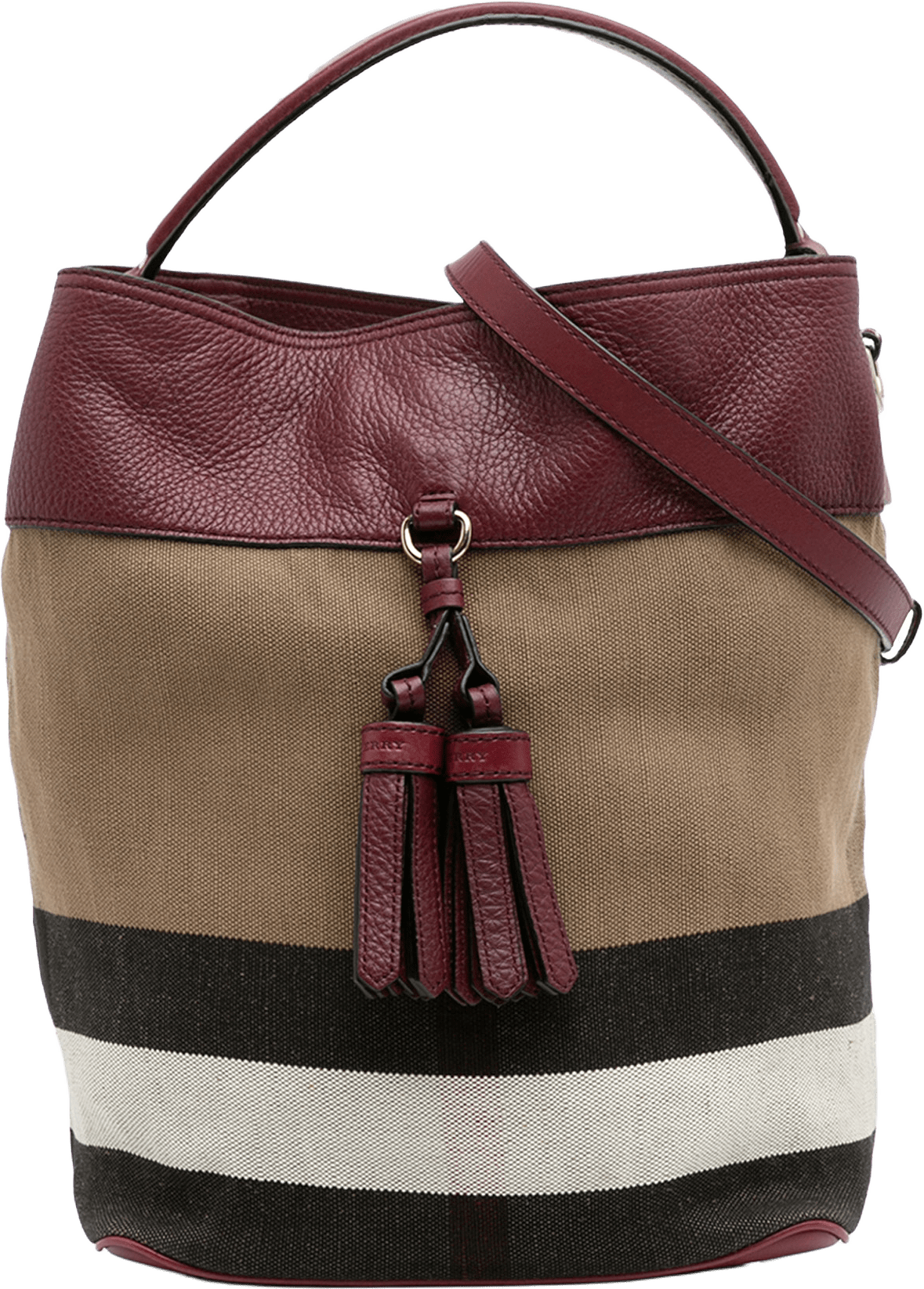 Burberry Medium Mega Check Canvas And Grained Calfskin Ashby Tassel Bucket Bag, från Luxclusif, i färgen light brown.