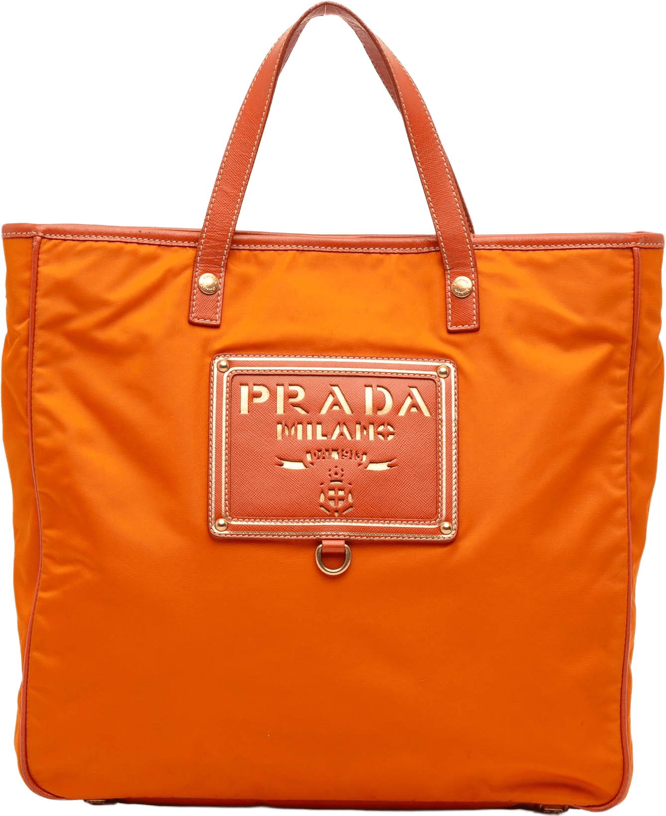 Prada Saffiano Trimmed Tessuto Logo Oro Satchel, från Luxclusif, i färgen orange.