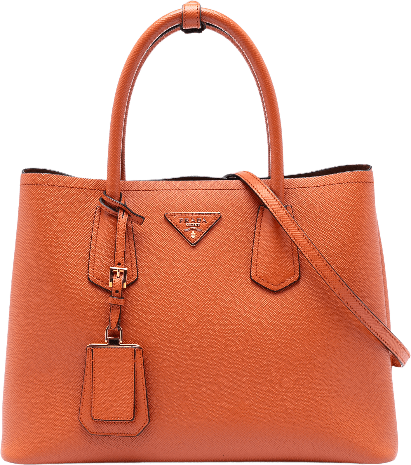 Prada Medium Saffiano Cuir Double Handle Satchel, från Luxclusif, i färgen orange.