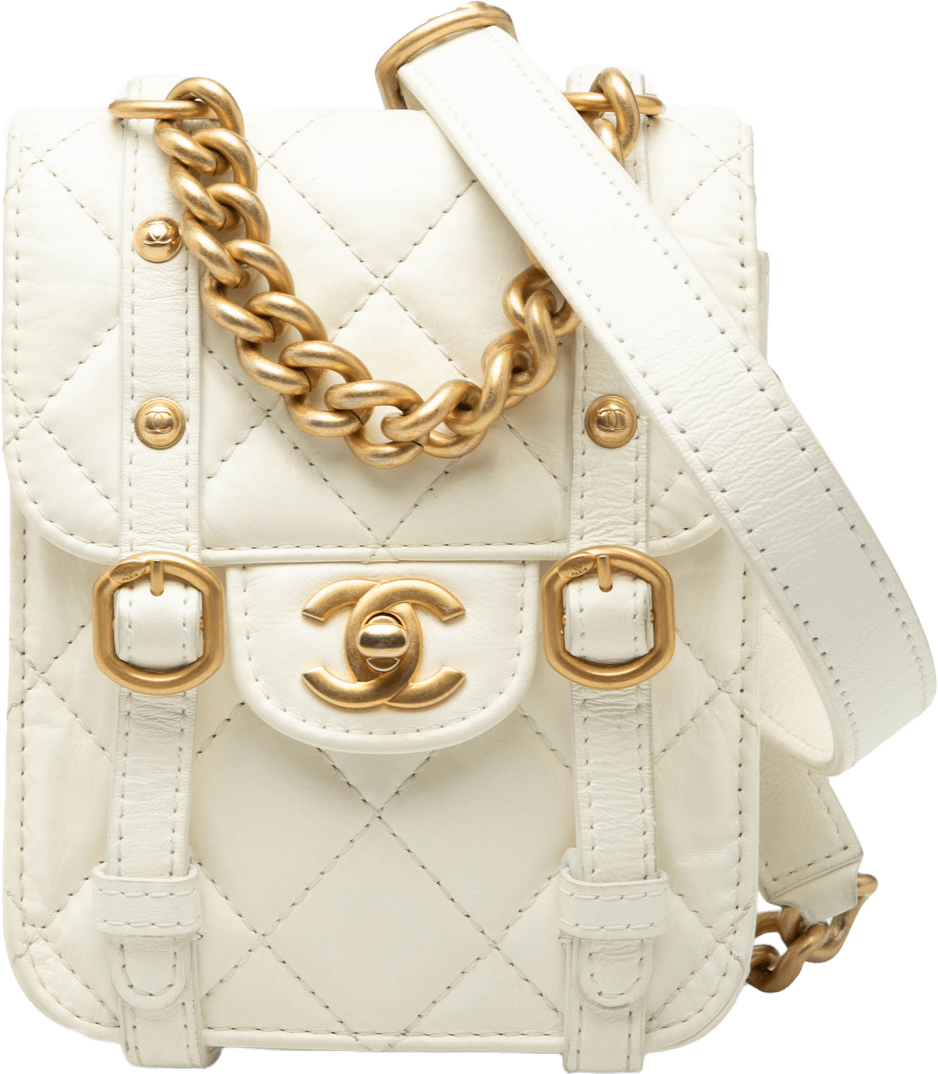 Chanel Mini Aged Calfskin City School Flap, från Luxclusif, i färgen white.