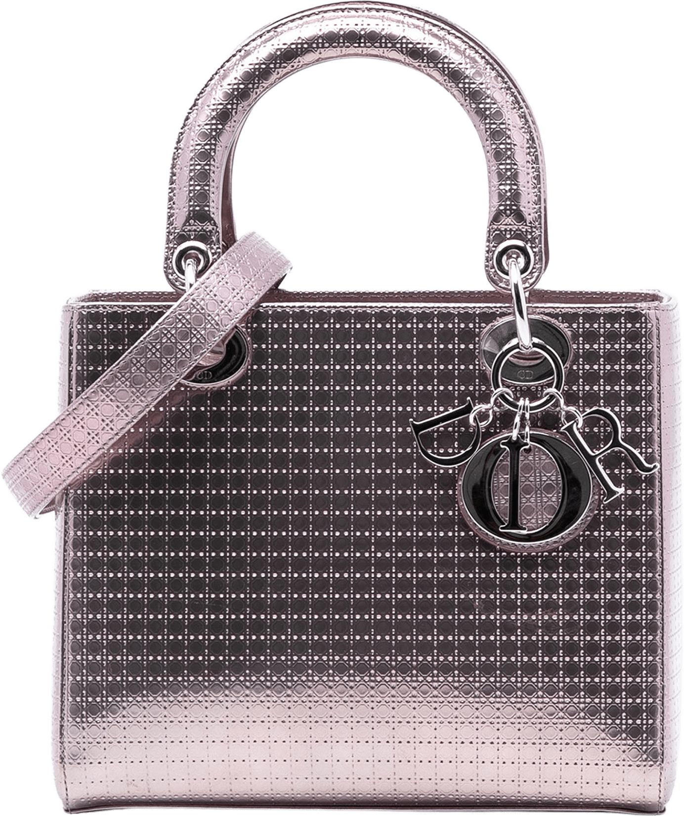Dior Medium Metallic Patent Microcannage Lady Dior, från Luxclusif, i färgen rose gold.