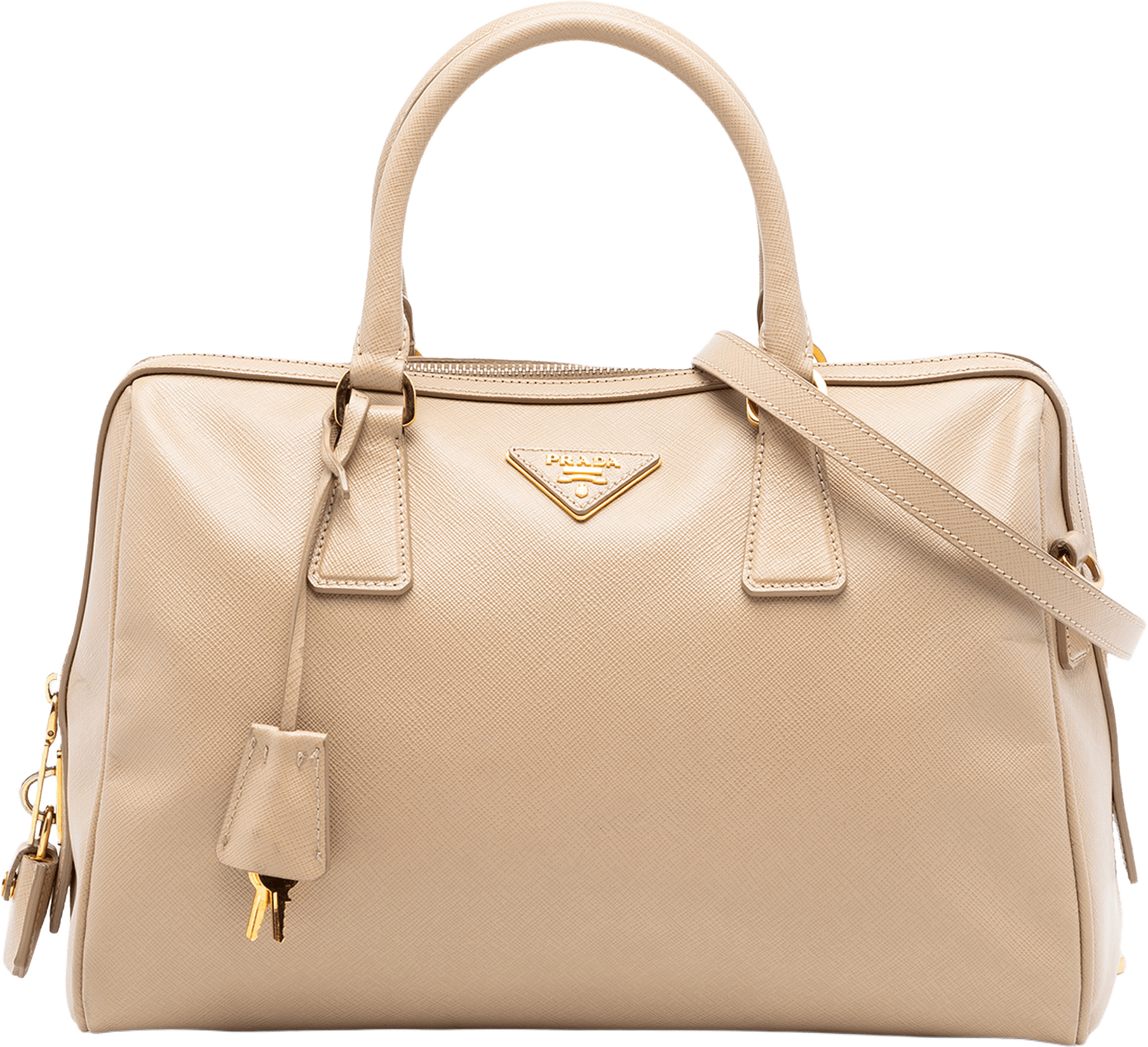 Prada Saffiano Lux Boston Bag, från Luxclusif, i färgen beige.