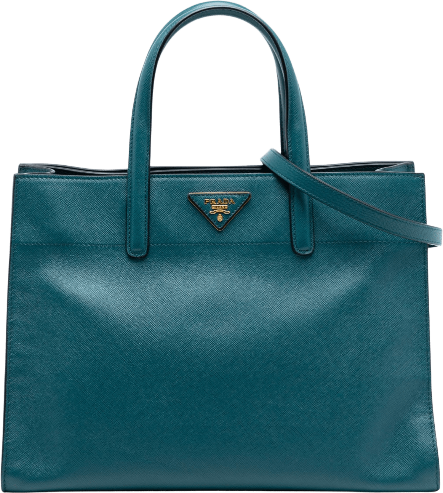 Prada Saffiano Soft Triple Pocket Tote, från Luxclusif, i färgen peacock.