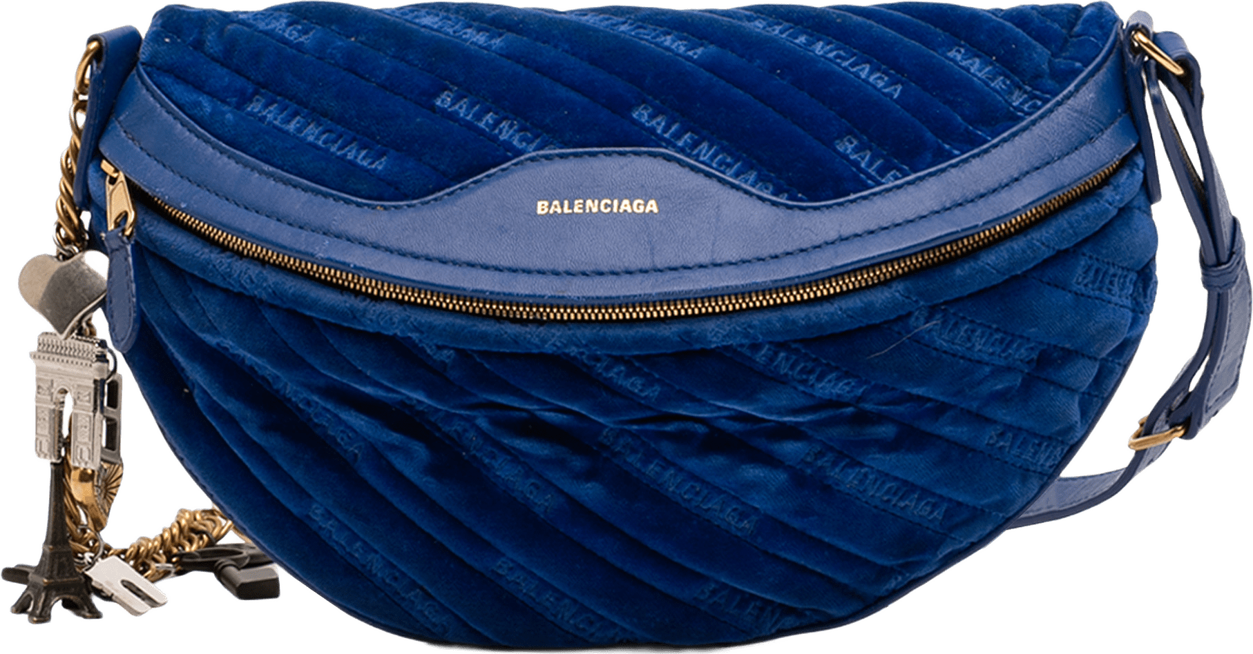 Balenciaga Diagonal Quilted Velvet Allover Logo Souvenir Belt Bag Xs, från Luxclusif, i färgen blue.