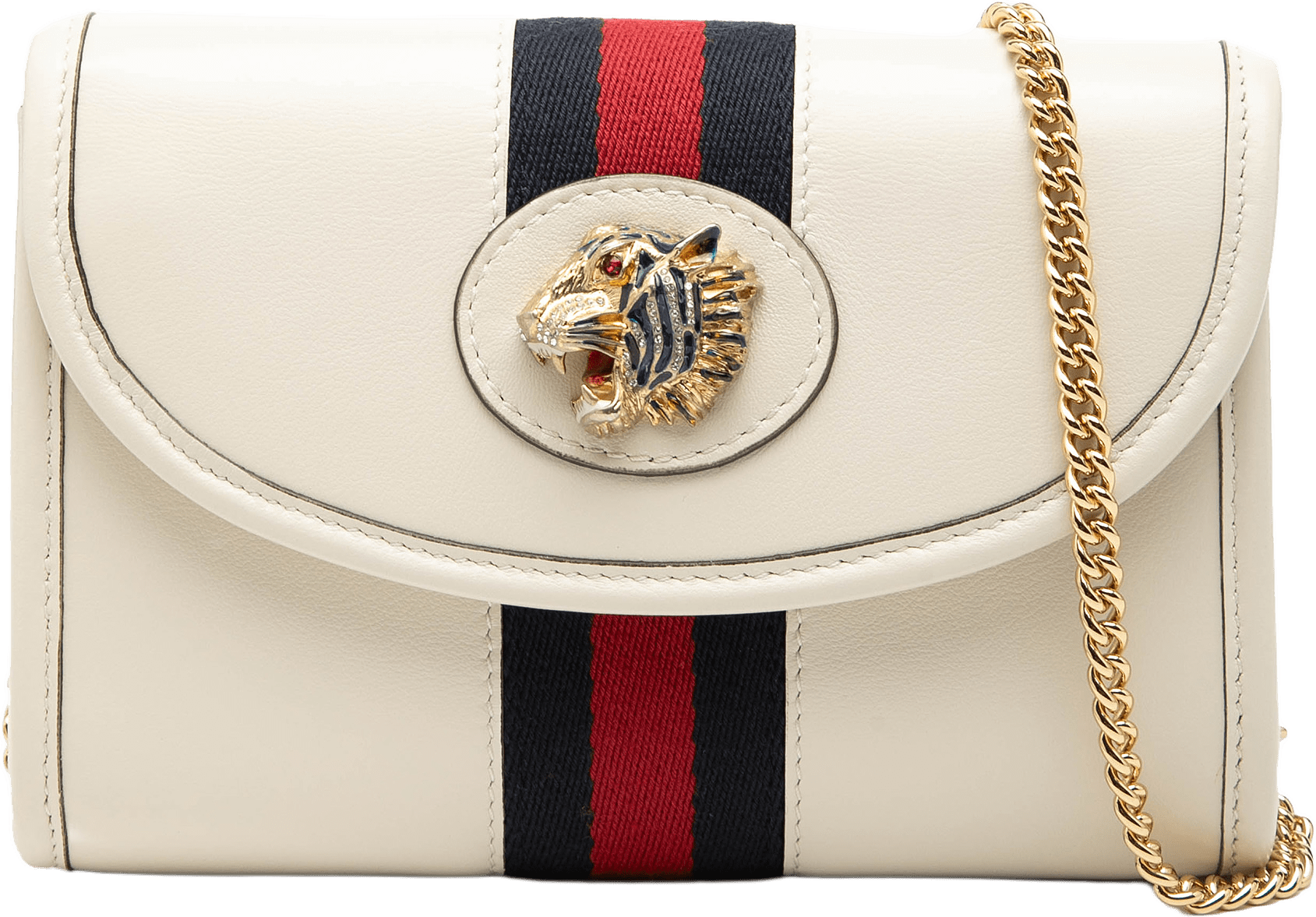 Gucci Mini Leather Rajah Web Chain Crossbody, från Luxclusif, i färgen white.