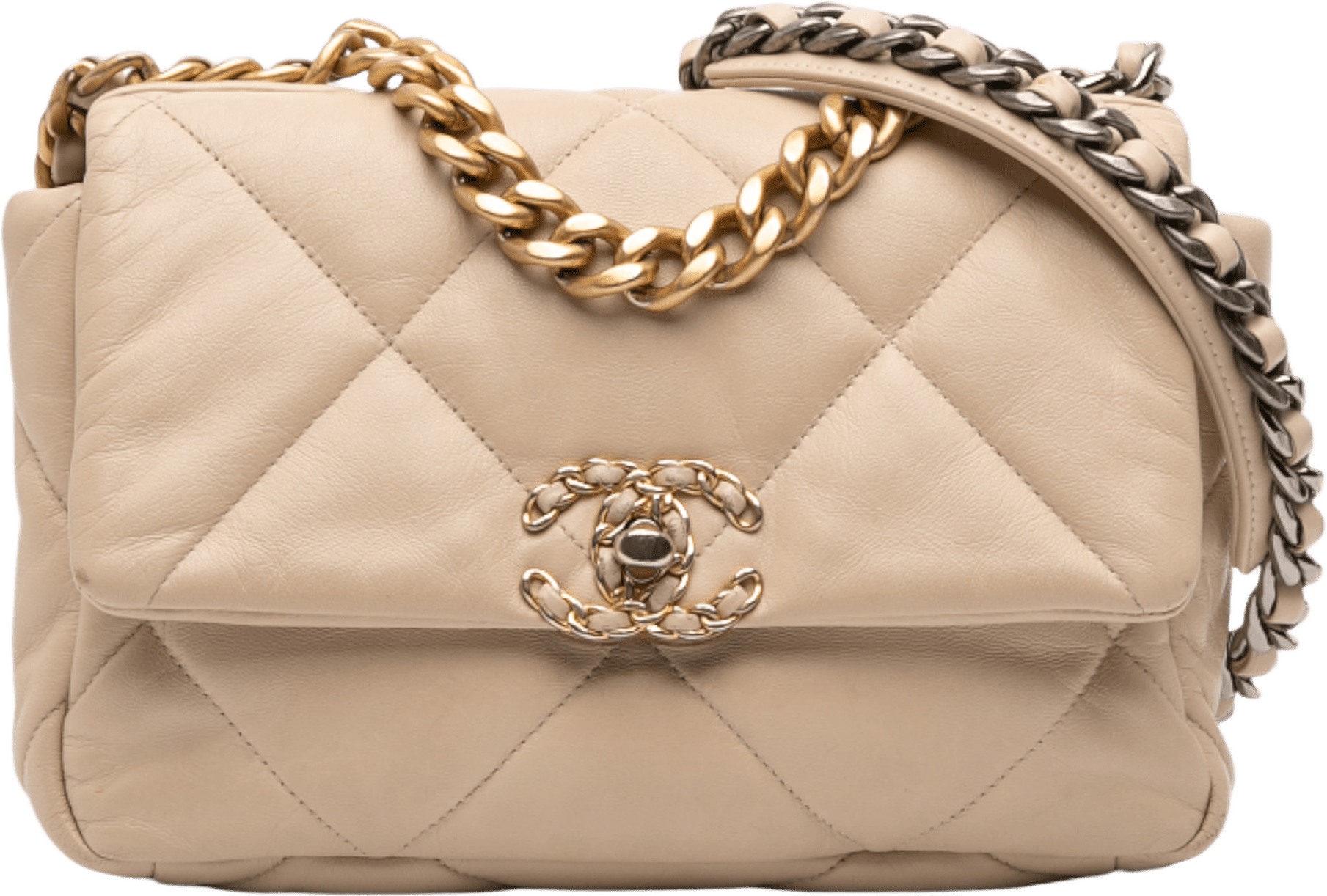 Chanel Medium Lambskin 19 Flap, från Luxclusif, i färgen beige.