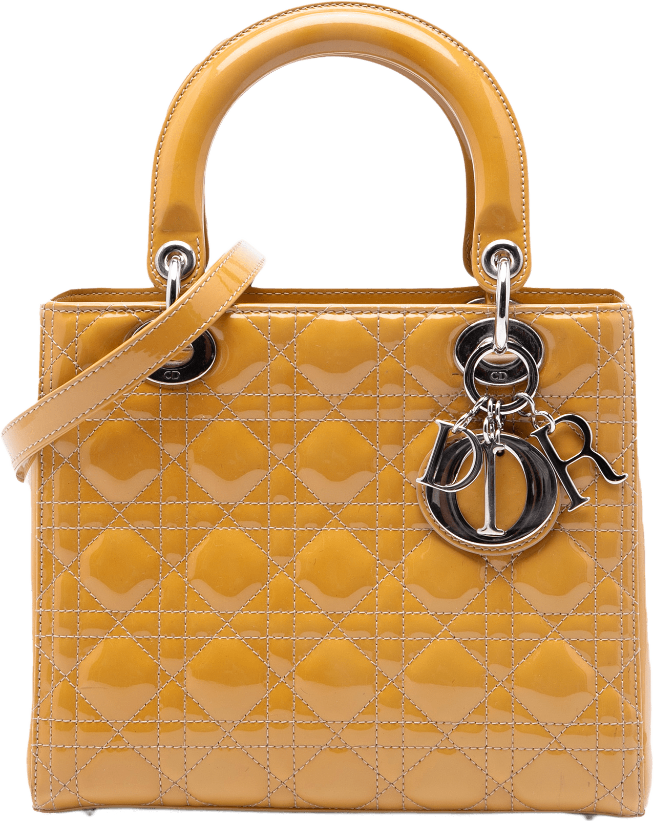 Dior Medium Patent Cannage Lady Dior, från Luxclusif, i färgen gul.