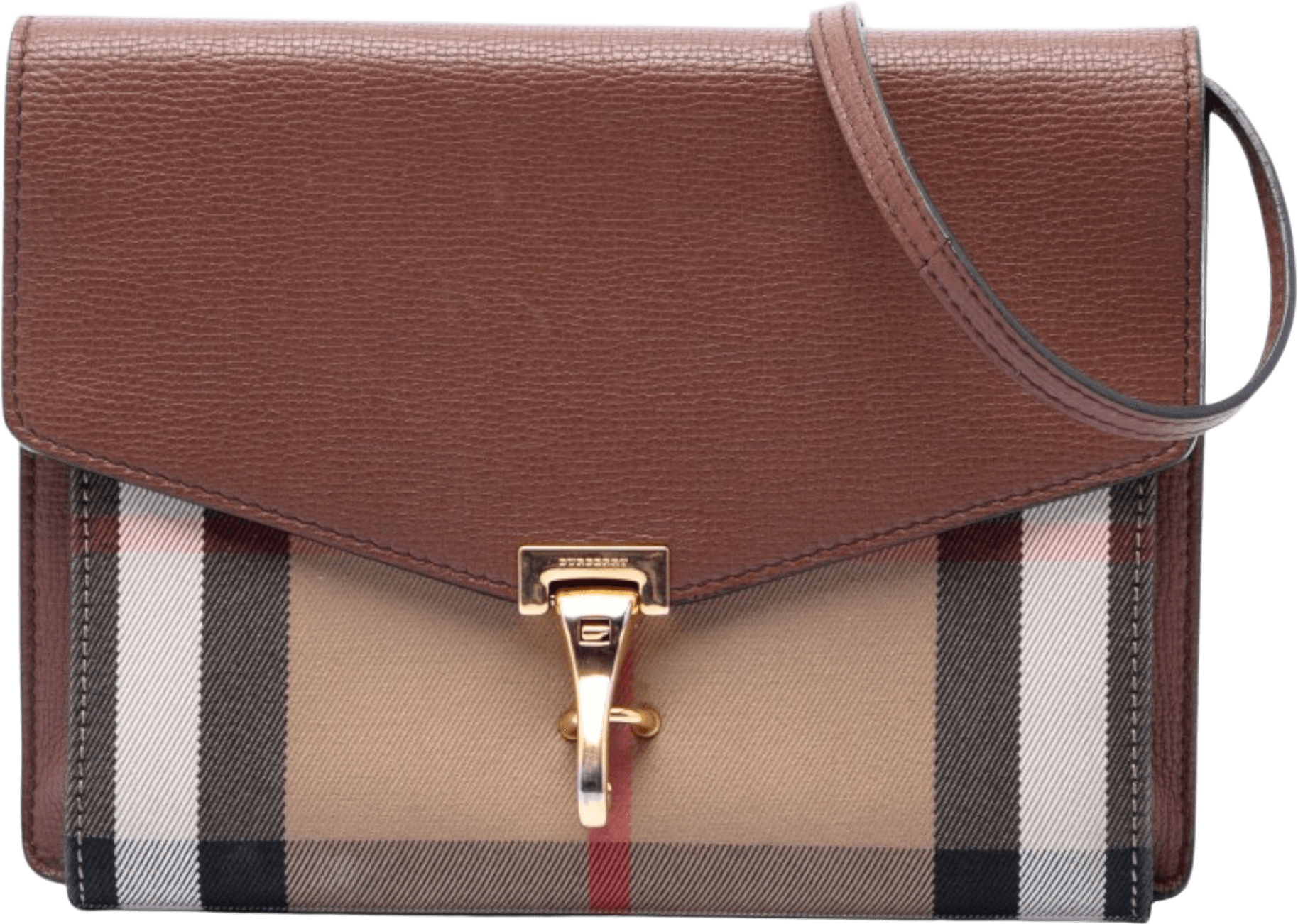 Burberry Small Leather And House Check Canvas Derby Macken Crossbody, från Luxclusif, i färgen brown.