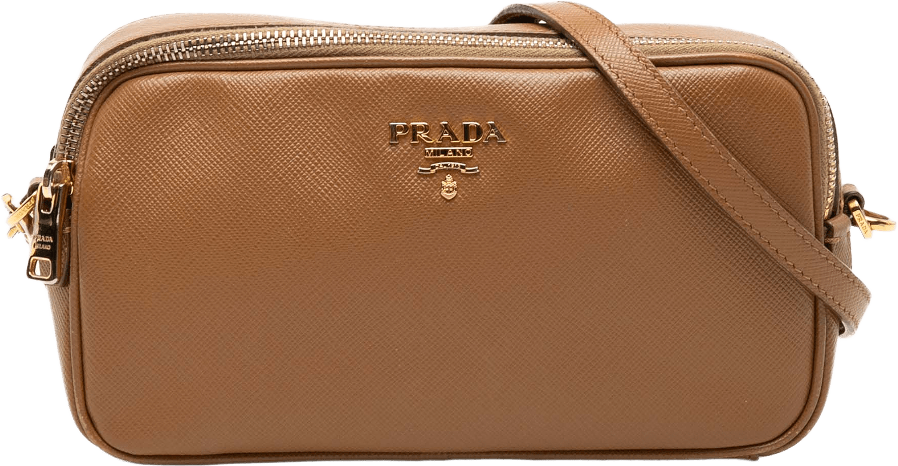 Prada Mini Saffiano Double Zip Crossbody, från Luxclusif, i färgen camel.
