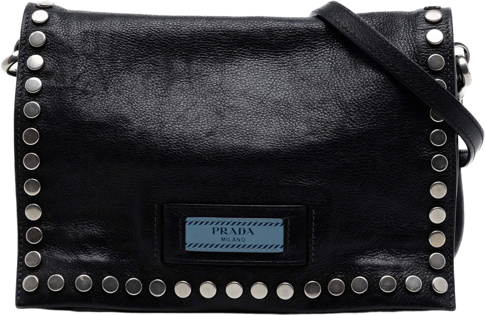 Prada Glace Calfskin Studded Etiquette Flap, från Luxclusif, i färgen black.