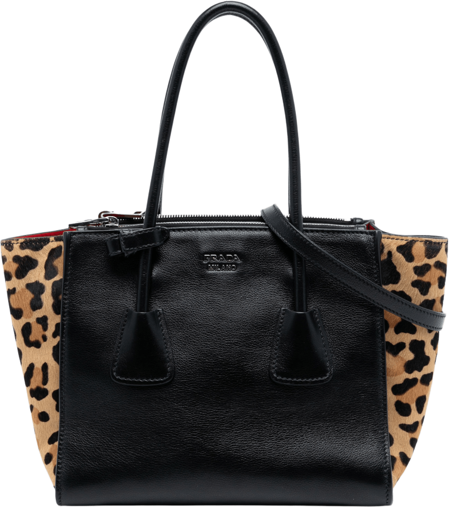 Prada Glace Calf Ponyhair Twin Pocket Satchel, från Luxclusif, i färgen black.