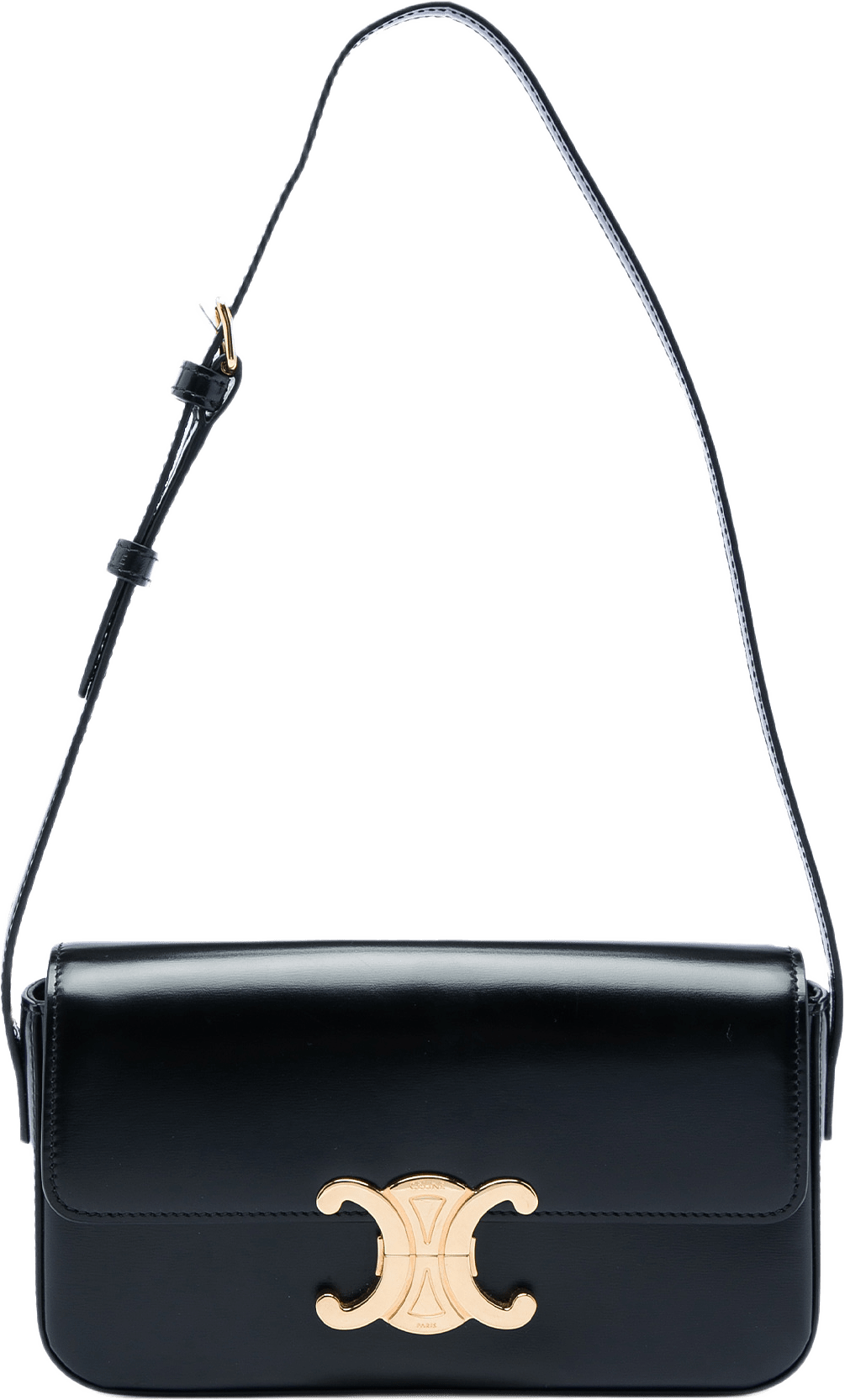 Celine Shiny Calfskin Triomphe Claude Shoulder Bag, från Luxclusif, i färgen svart.
