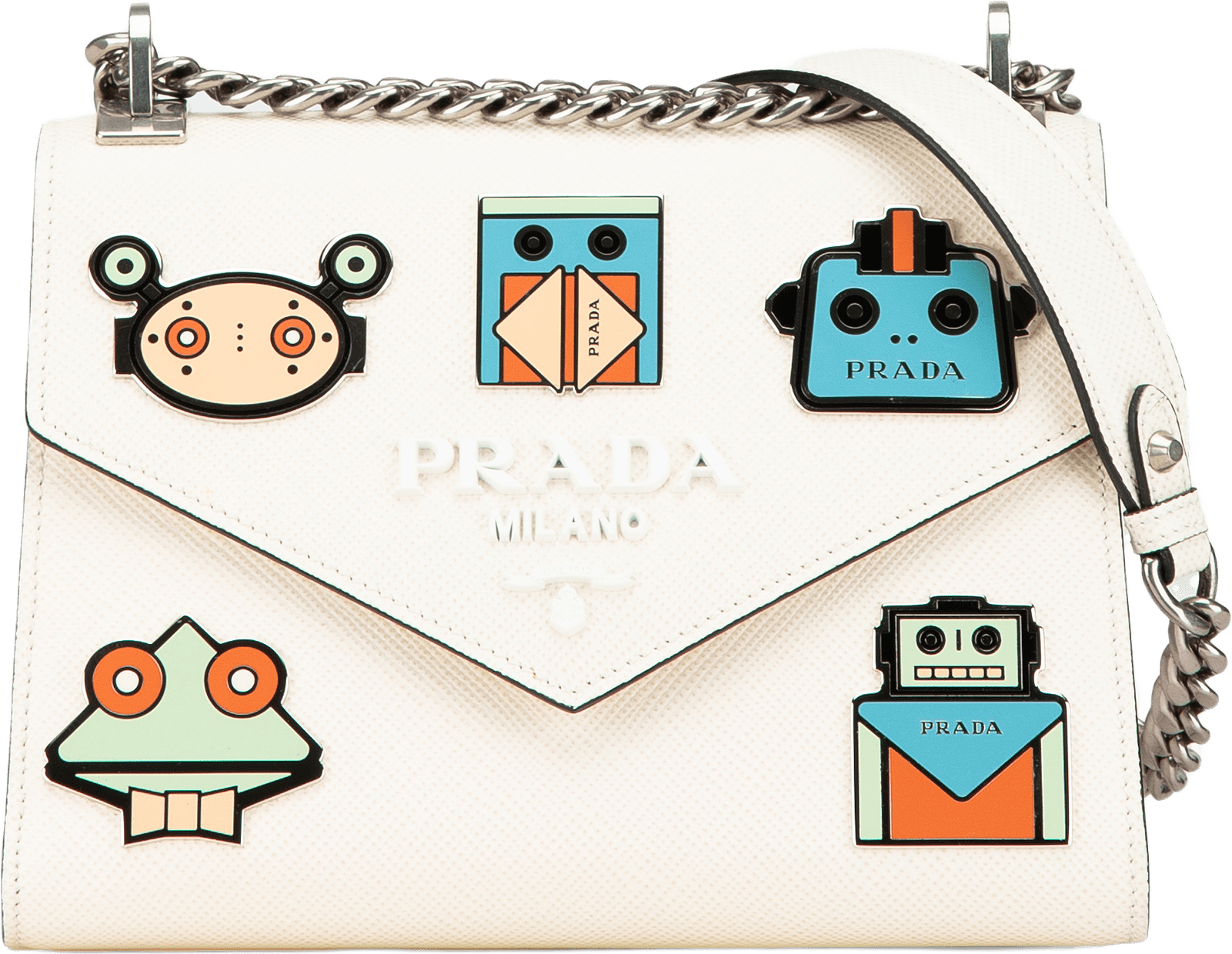 Prada Saffiano Cuir Monochrome Robot Patches Envelope Chain Flap
