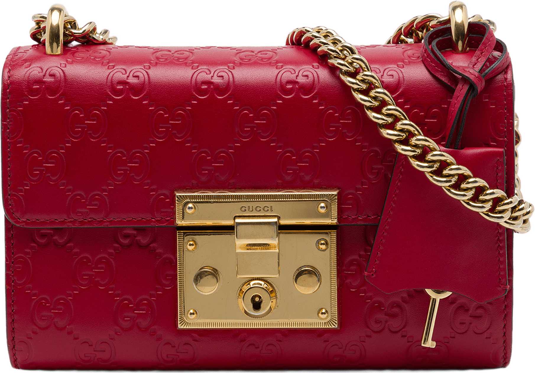Gucci Small Guccissima Padlock Crossbody, från Luxclusif, i färgen röd.