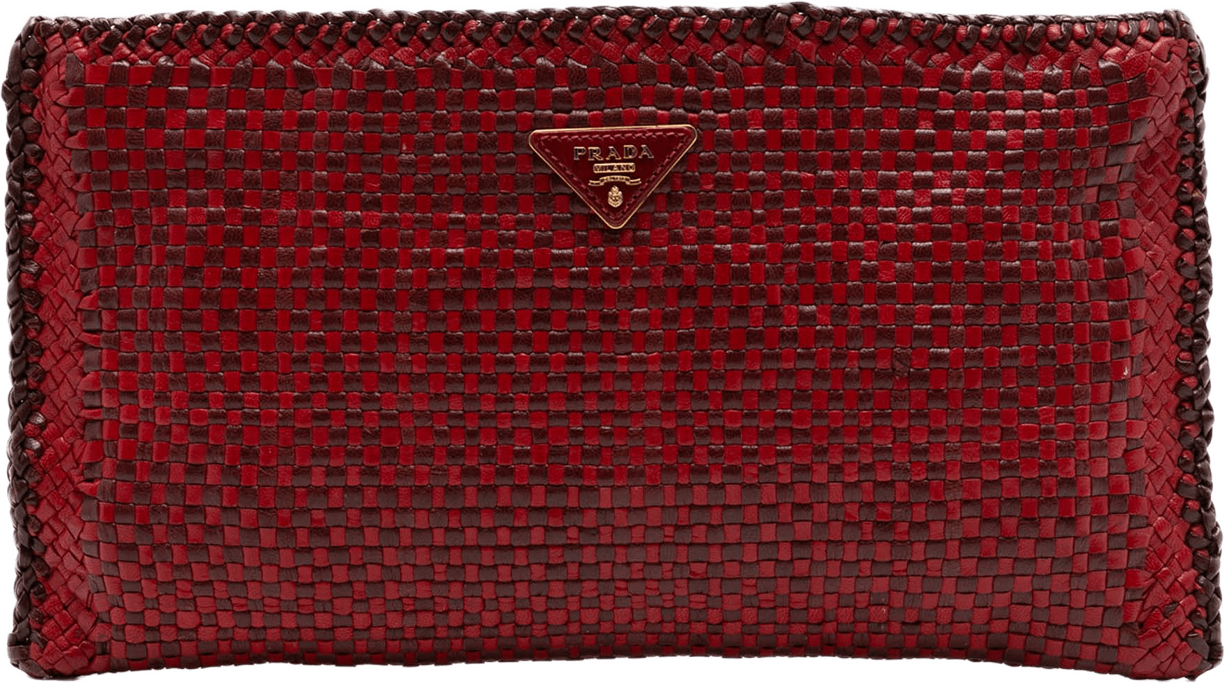 Prada Woven Goatskin Madras Zip Clutch, från Luxclusif, i färgen red.