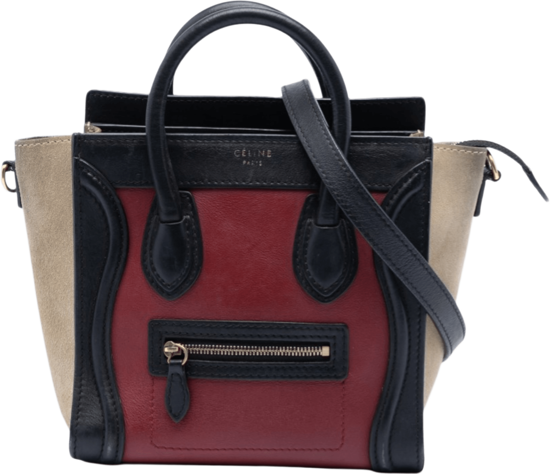 Celine Nano Tricolor Calfskin And Suede Luggage Tote, från Luxclusif, i färgen dark red.