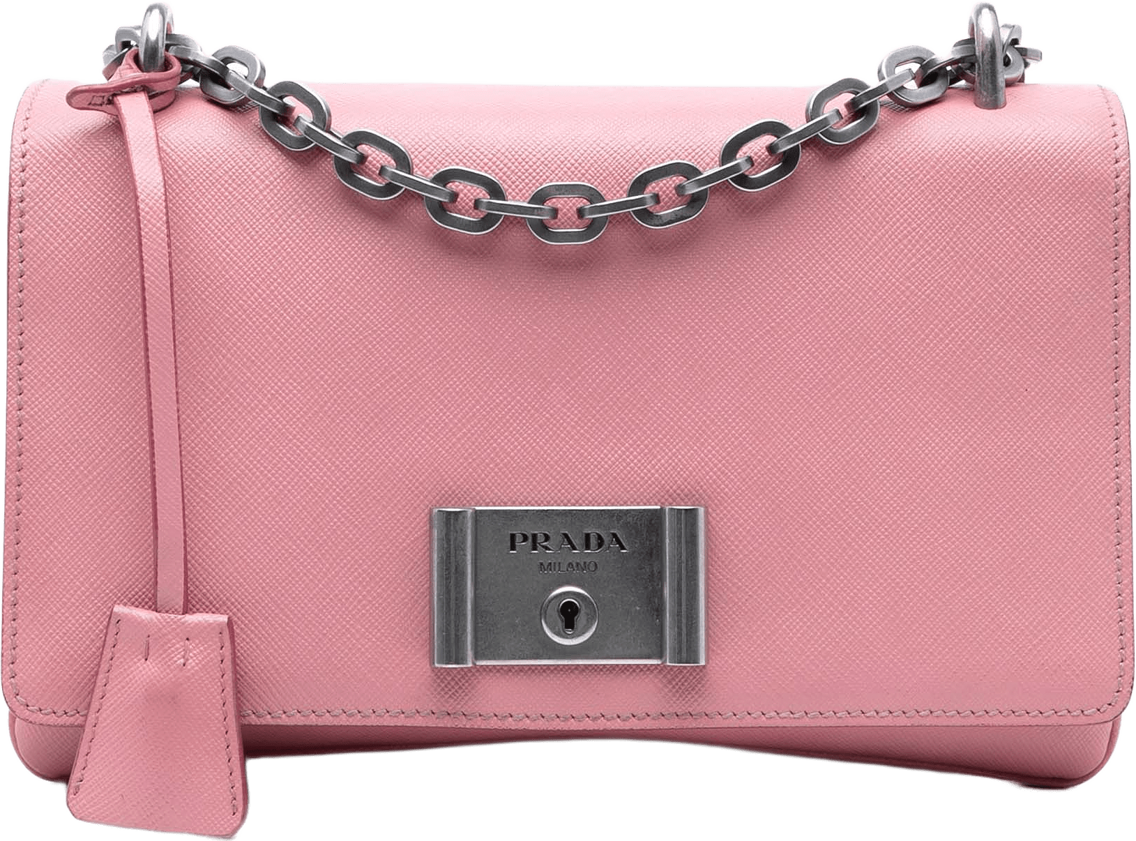 Prada Saffiano Lux Lock Chain Flap, från Luxclusif, i färgen pink.