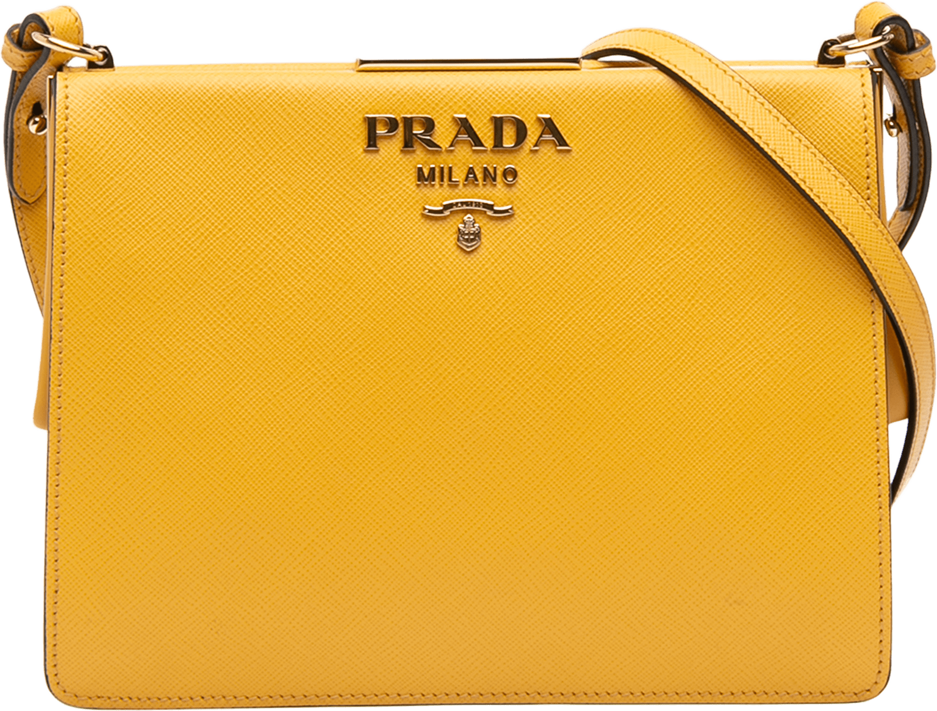 Prada Saffiano City Light Frame Crossbody, från Luxclusif, i färgen mustard.