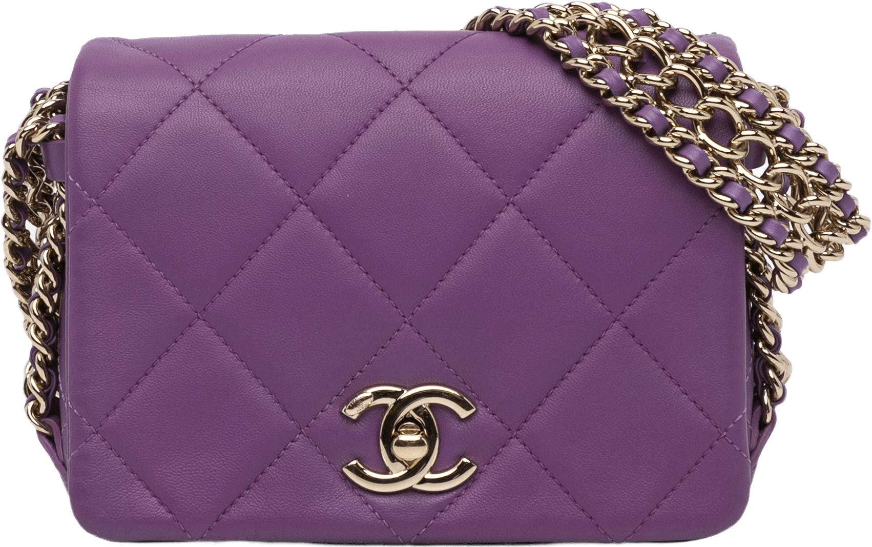 Chanel Mini Lambskin Triple Chain Full Flap, från Luxclusif, i färgen purple.