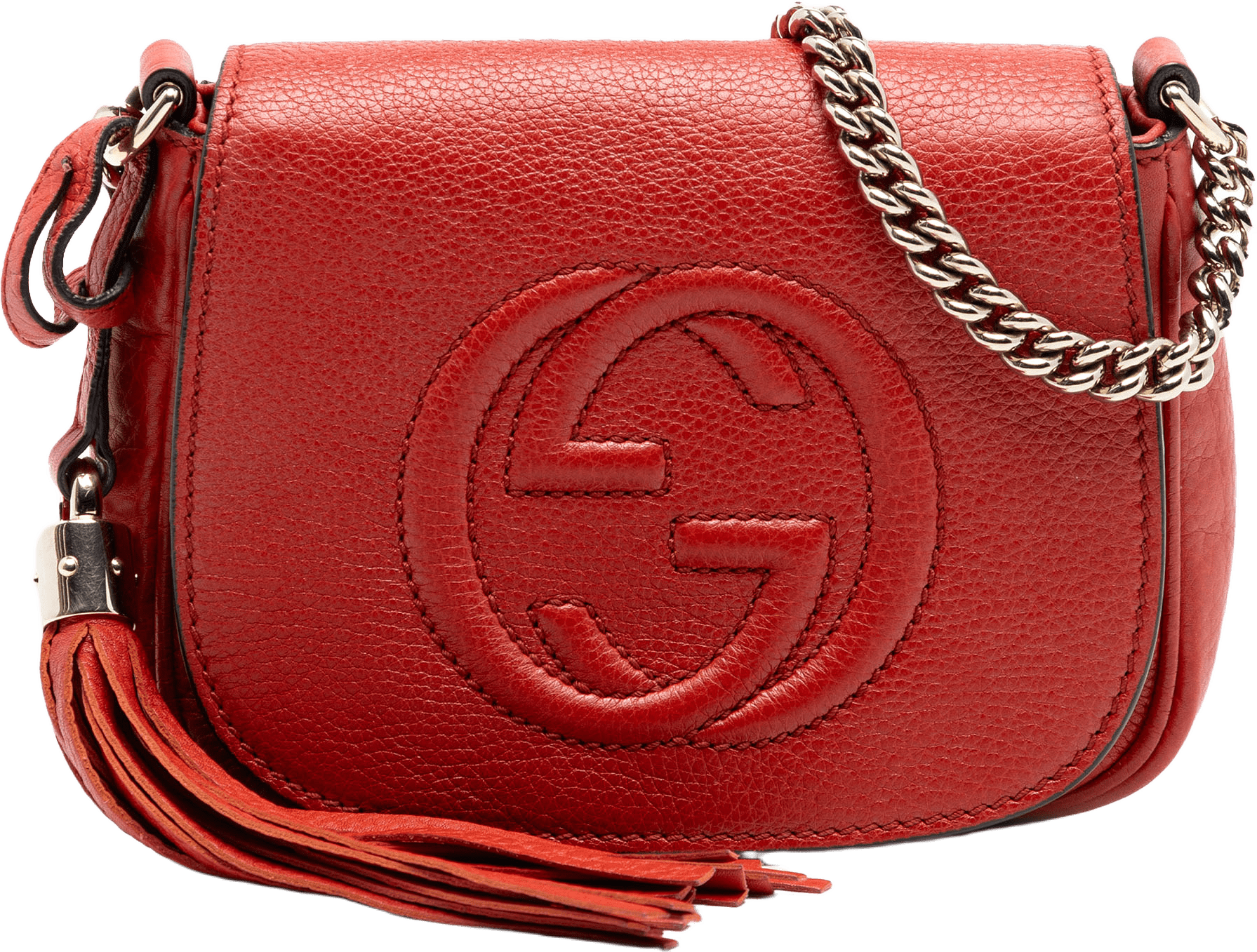 Gucci Small Leather Soho Chain Flap Crossbody, från Luxclusif, i färgen red orange.