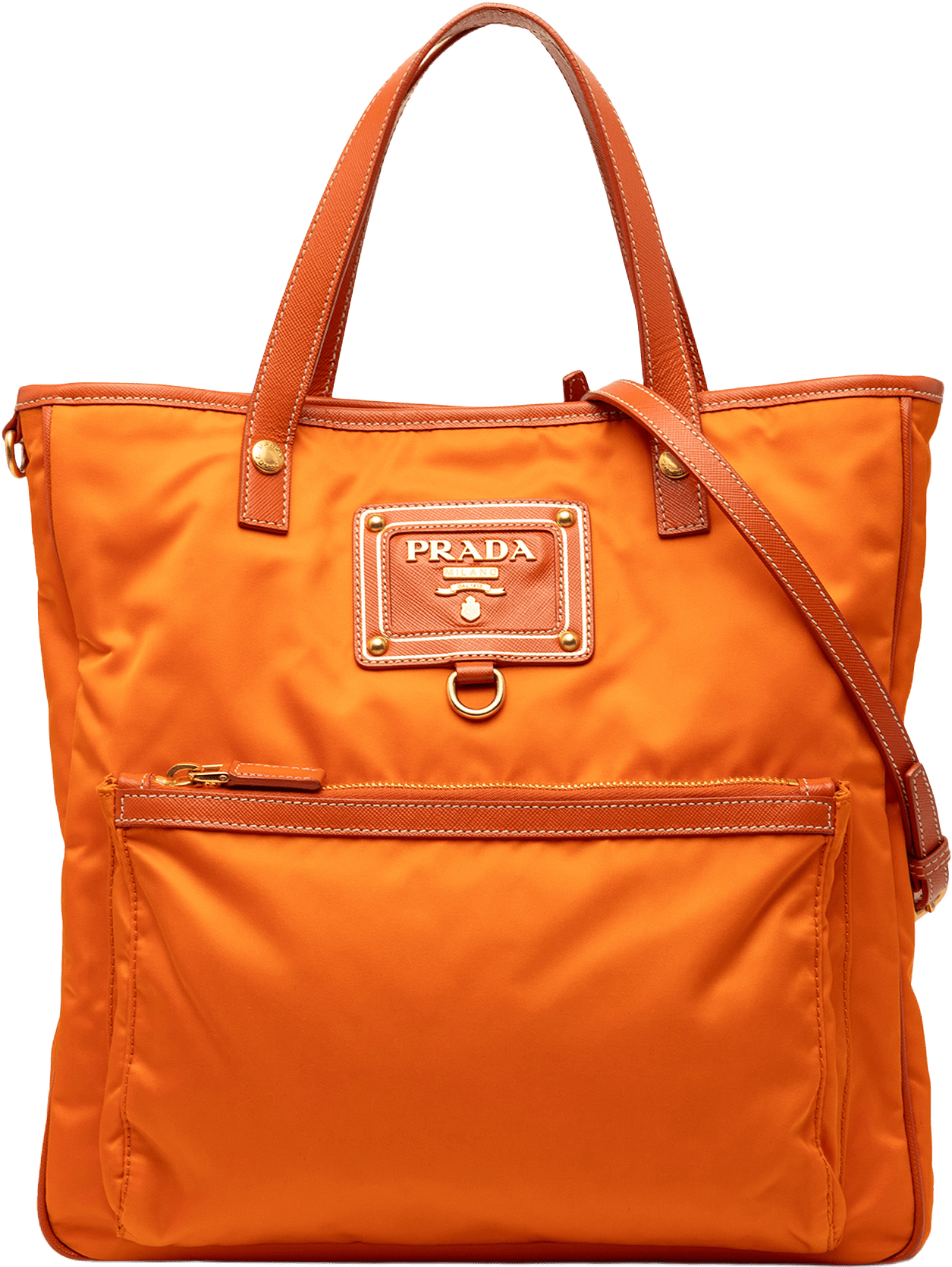Prada Saffiano Trimmed Tessuto Logo Oro Satchel, från Luxclusif, i färgen orange.