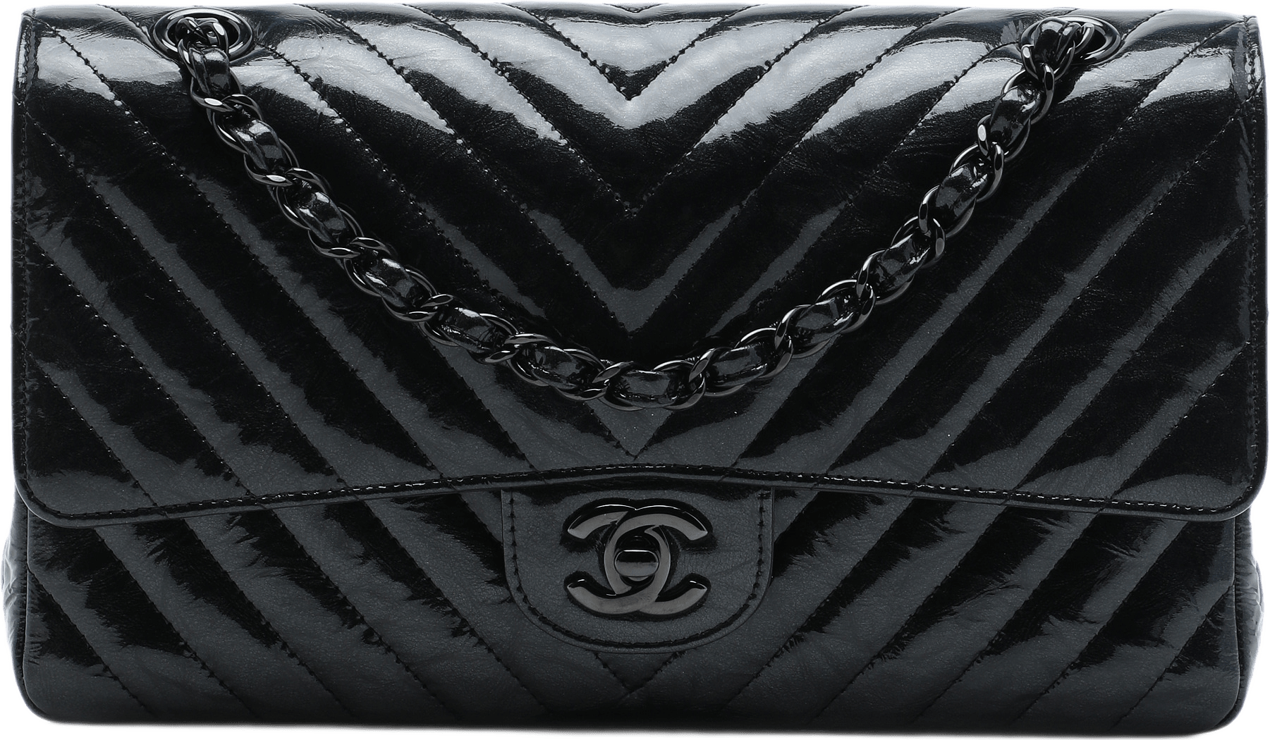 Chanel Medium Classic Chevron Patent So Black Double Flap, från Luxclusif, i färgen svart.