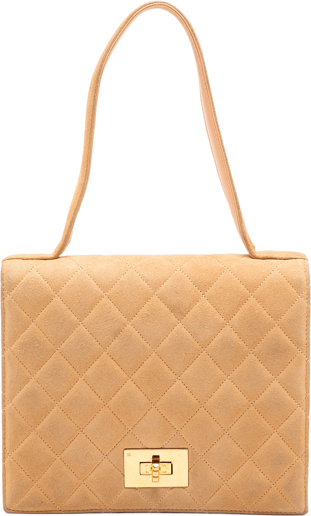 Chanel Quilted Suede Rita Flap, från Luxclusif, i färgen beige.