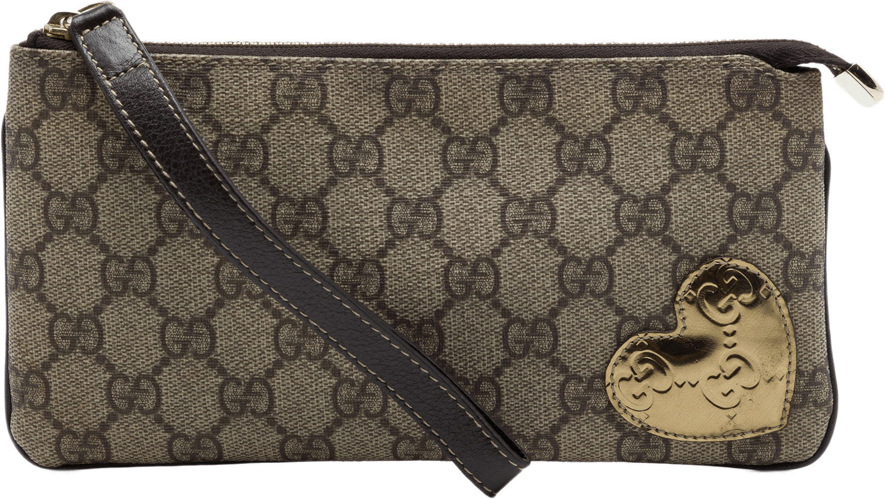 Gucci Guccissima Heart Trimmed Gg Supreme Wristlet Clutch, från Luxclusif, i färgen brun.