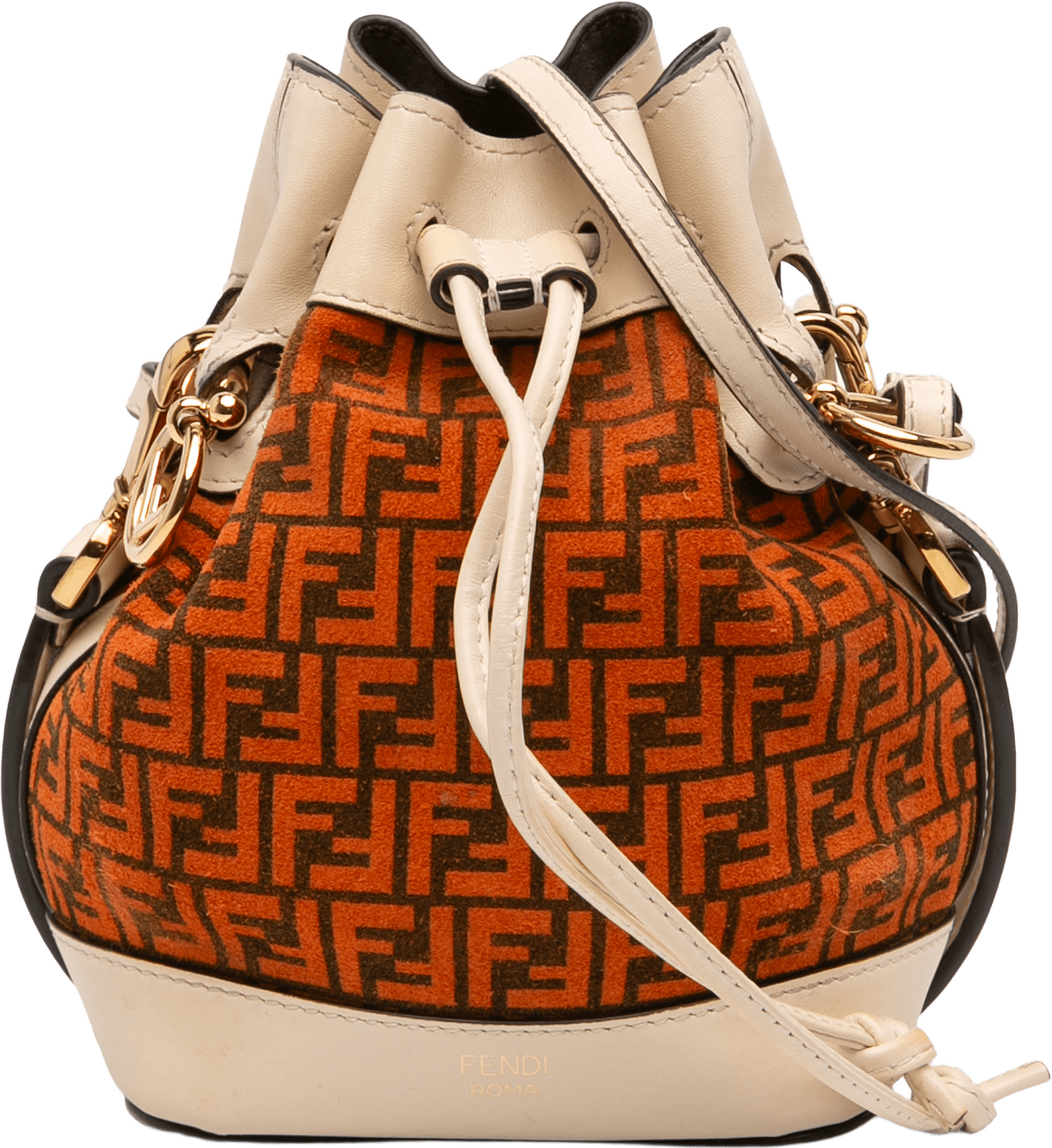 Fendi Mini Zucca Suede Mon Tresor Bucket Bag, från Luxclusif, i färgen orange.